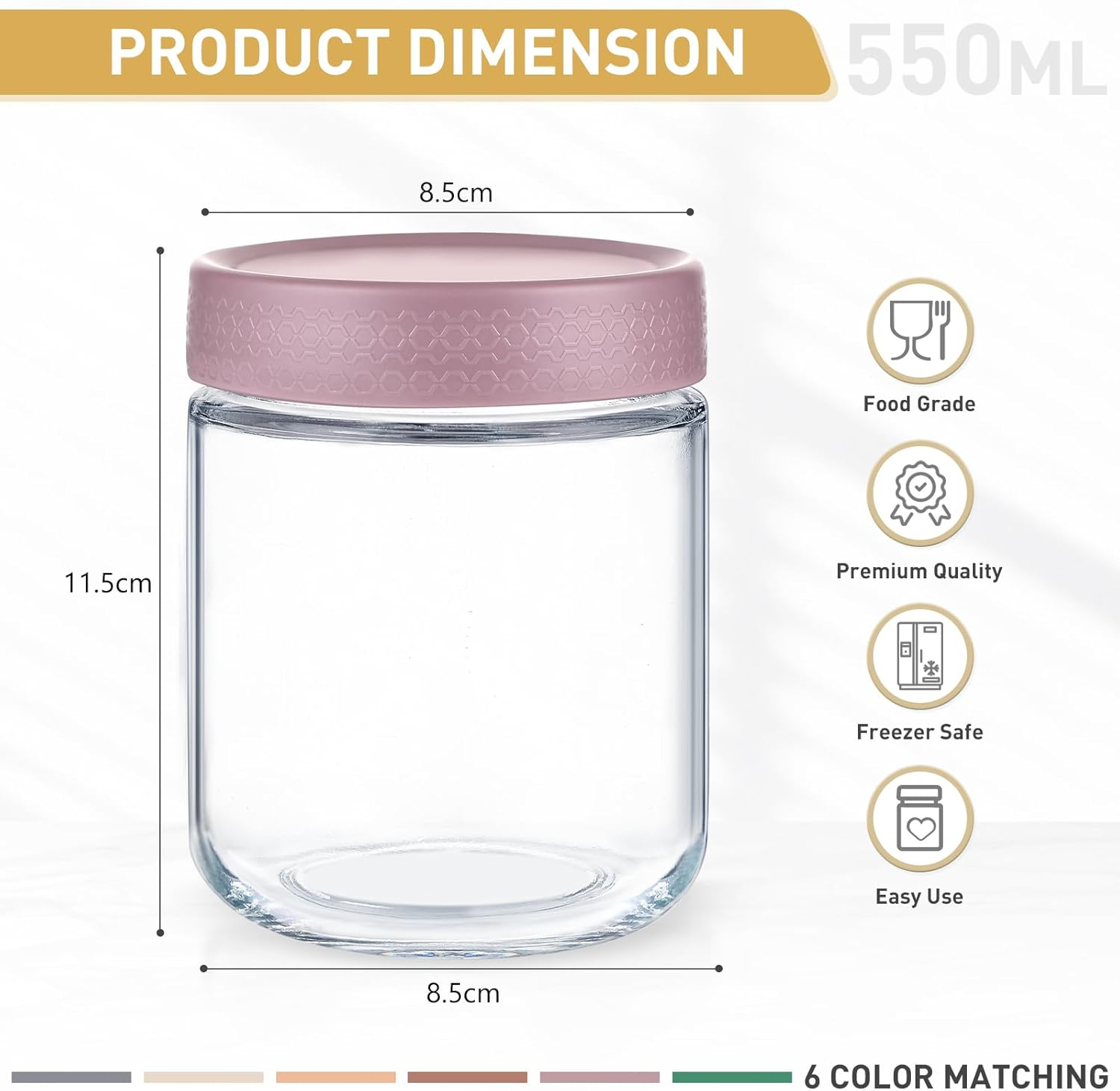 Feshory 6 Pack Overnight Oats Container Jar with Lid - Glass Food Storage Containers - Meal Prep Container for Salad, Spice, Snacks, Dressing Sauce (6X550Ml) image number 6