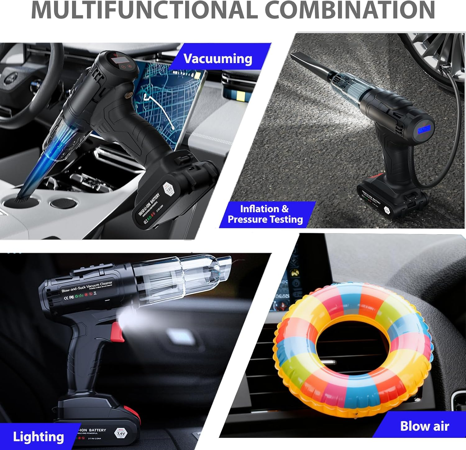 Car Vacuum Cleaner High Power Mini Vacuum Cleaner Rechargeable Handheld Vacuum Portable Cordless Vacuum Cleaner, Air Pump, Pire Pressure Gauge, and Flashlight All in One
