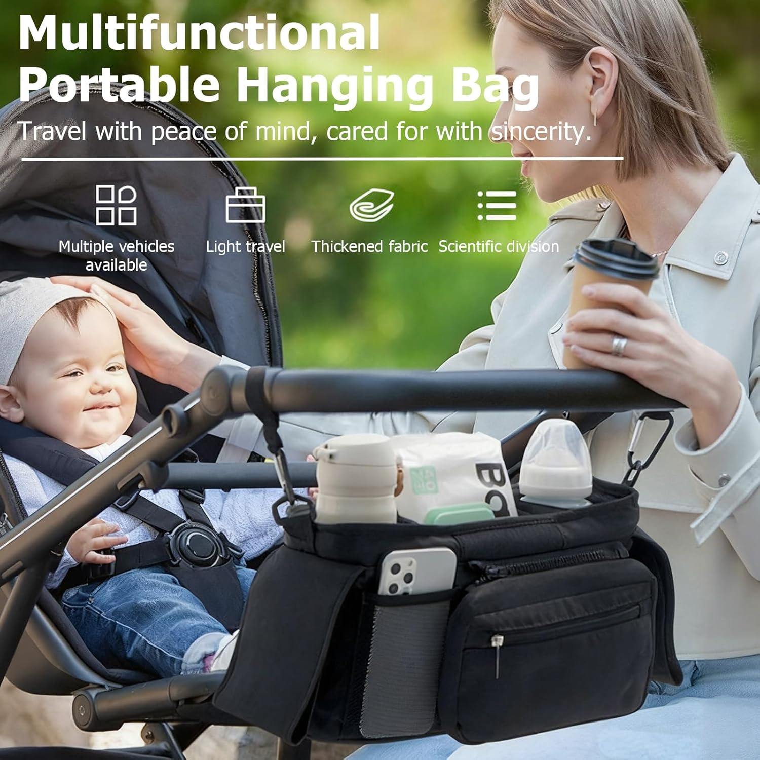 Universal Stroller Organizer with Cup Holder Detachable Phone Bag and Shoulder Strap, Stroller Bag Caddy Organizer Accessories for Uppababy, Baby Jogger, Britax Strollers image number 3
