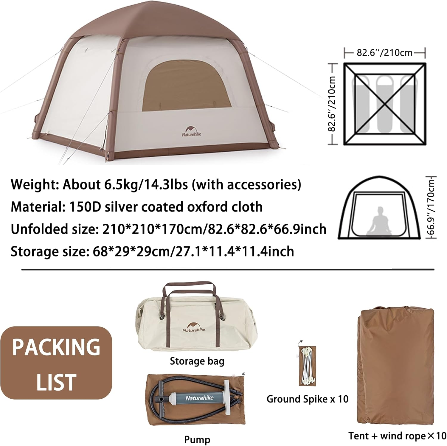 Naturehike Portable Air Inflatable Tent with Hand Pump,1 Min Setup,Upf50+,1.65M High Canopy Tent,With Two Large Awning Vestibules,Family,5-Sided Ventilation image number 3