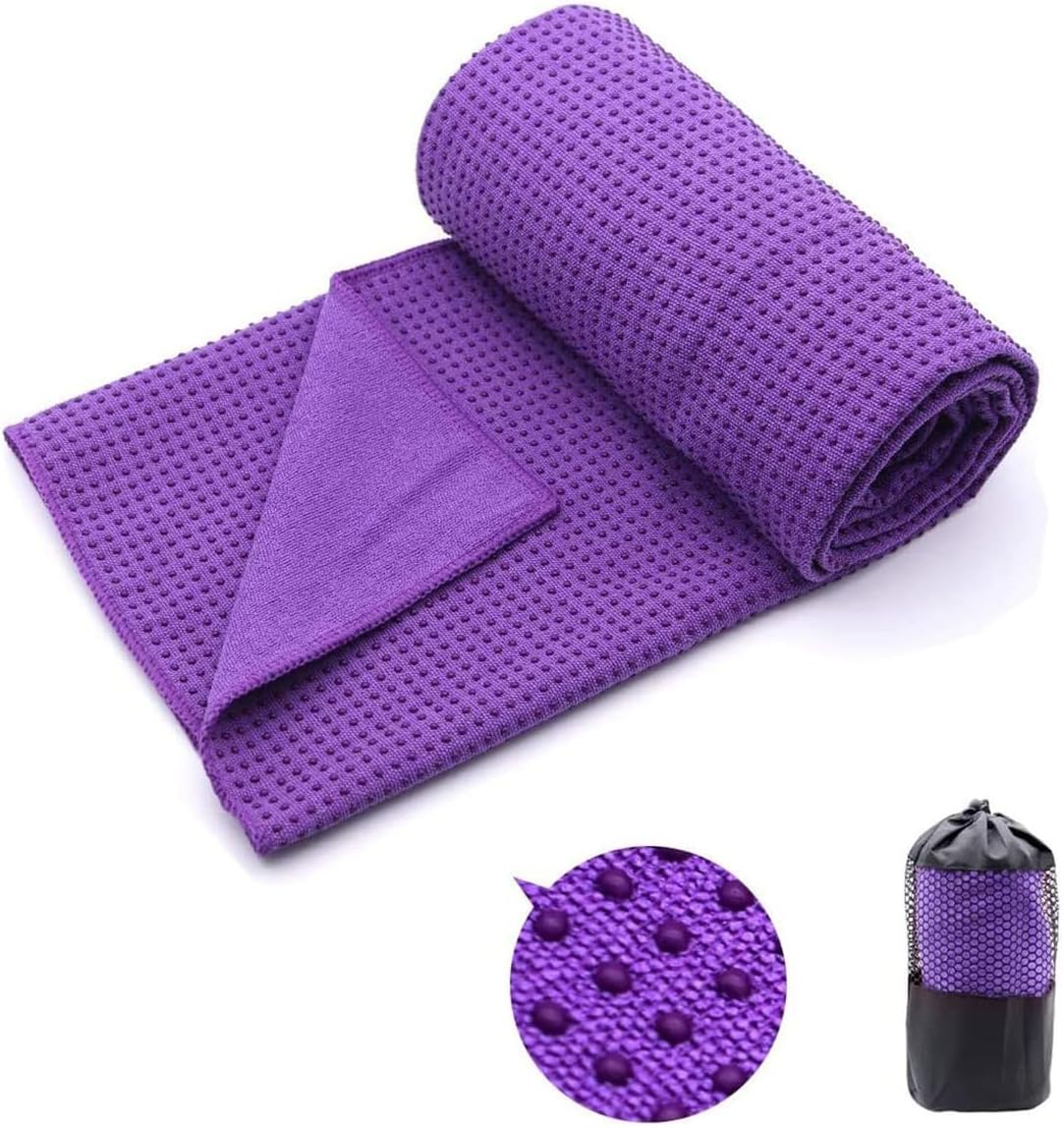 AIMALL Non-Slip Yoga Mat Towel 72X25.6In Microfiber Sweat-Absorbent Exercise Mat Cover with PVC Grip Dots for Hot Yoga Pilates Fitness with Mesh Bag &ndash; Grey Pink Purple