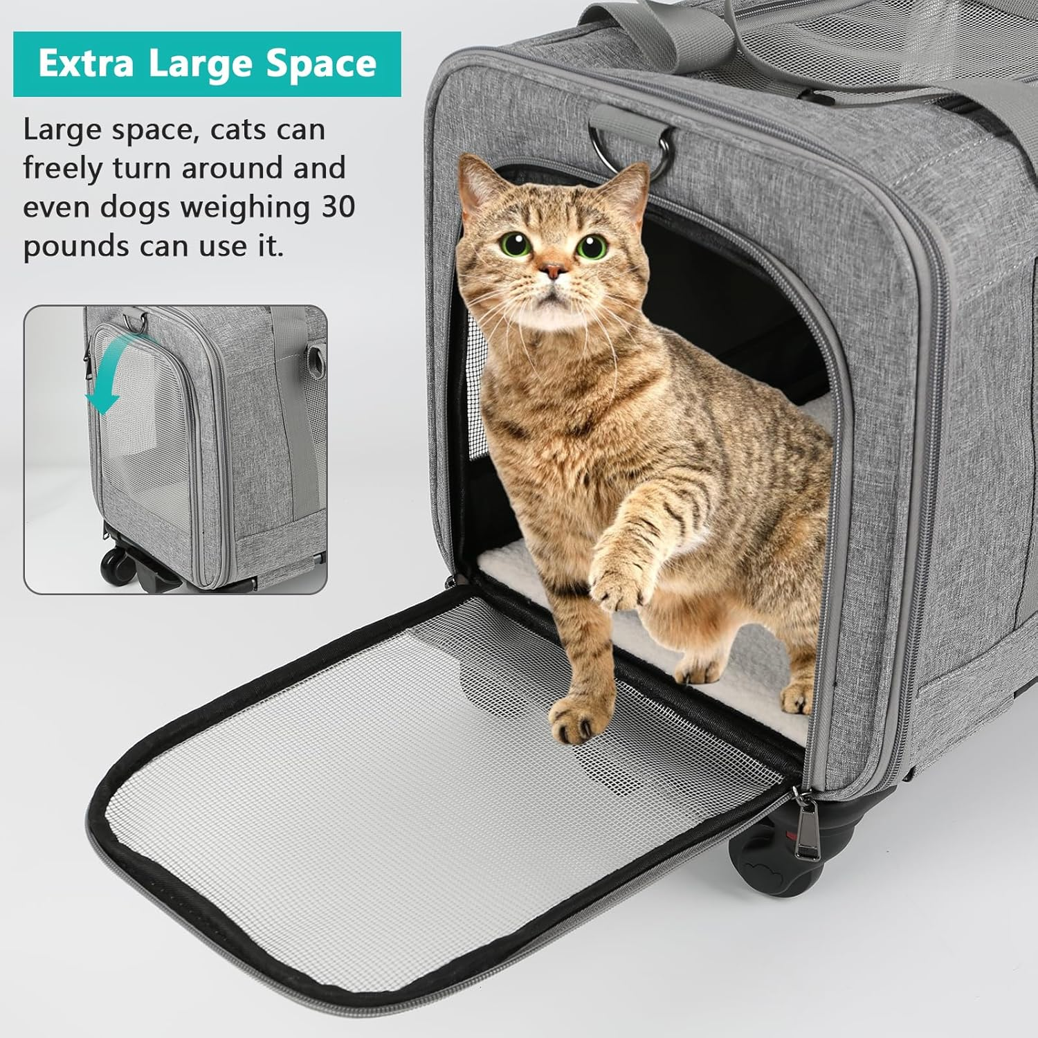 Dog Cat Carrier with Wheels, Detachable Base Portable Breathable Outdoor Pet Carrier with Curtain, Multifunctional Labor Saving Dog Travel Carrier for Picnic (Grey) image number 2