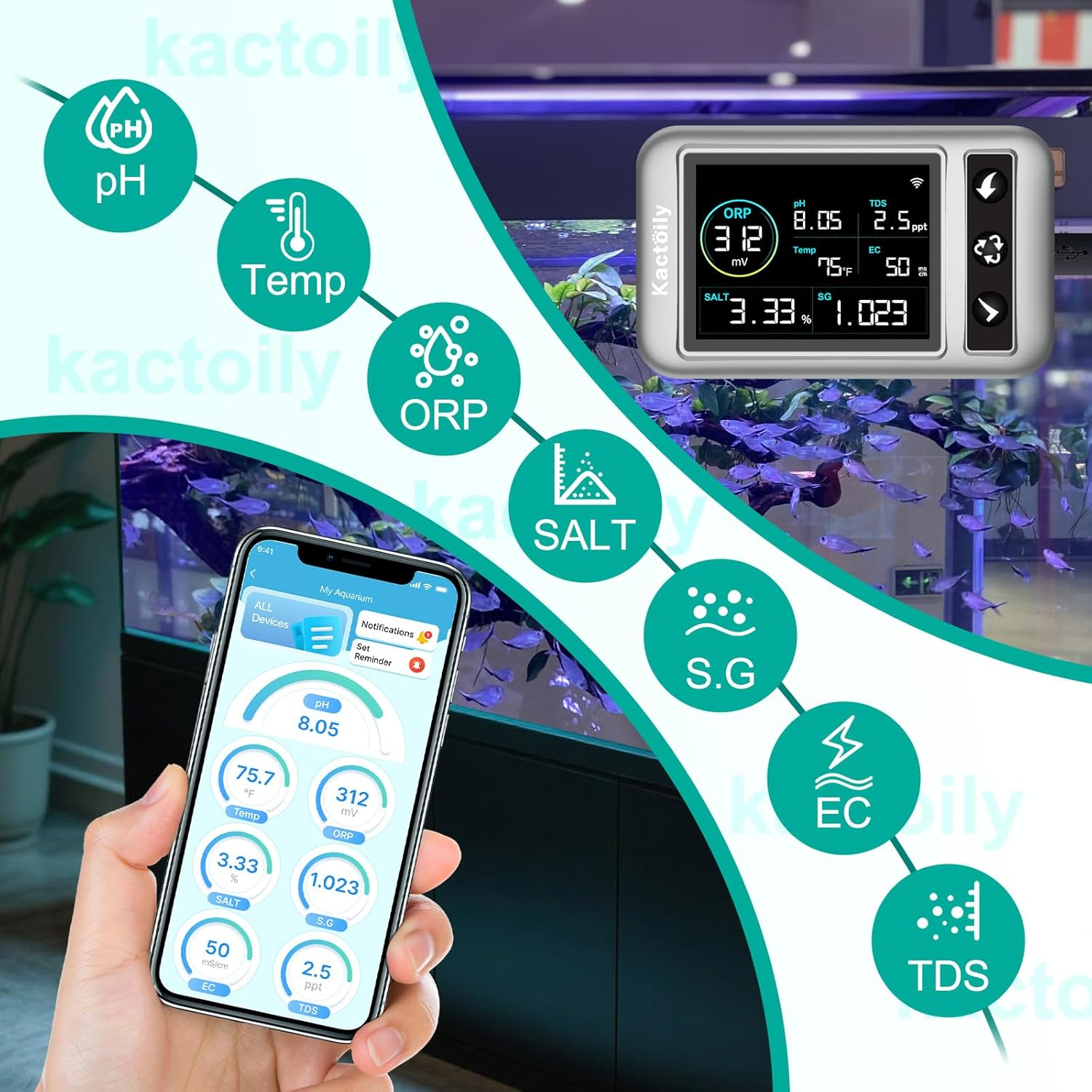 Kactoily Smart Aquarium Monitor, Multi-Parameter Fish Tank Water Tester for Ph, Salinity, SG, ORP, TDS, EC & Temp with Real-Time App Alerts image number 1