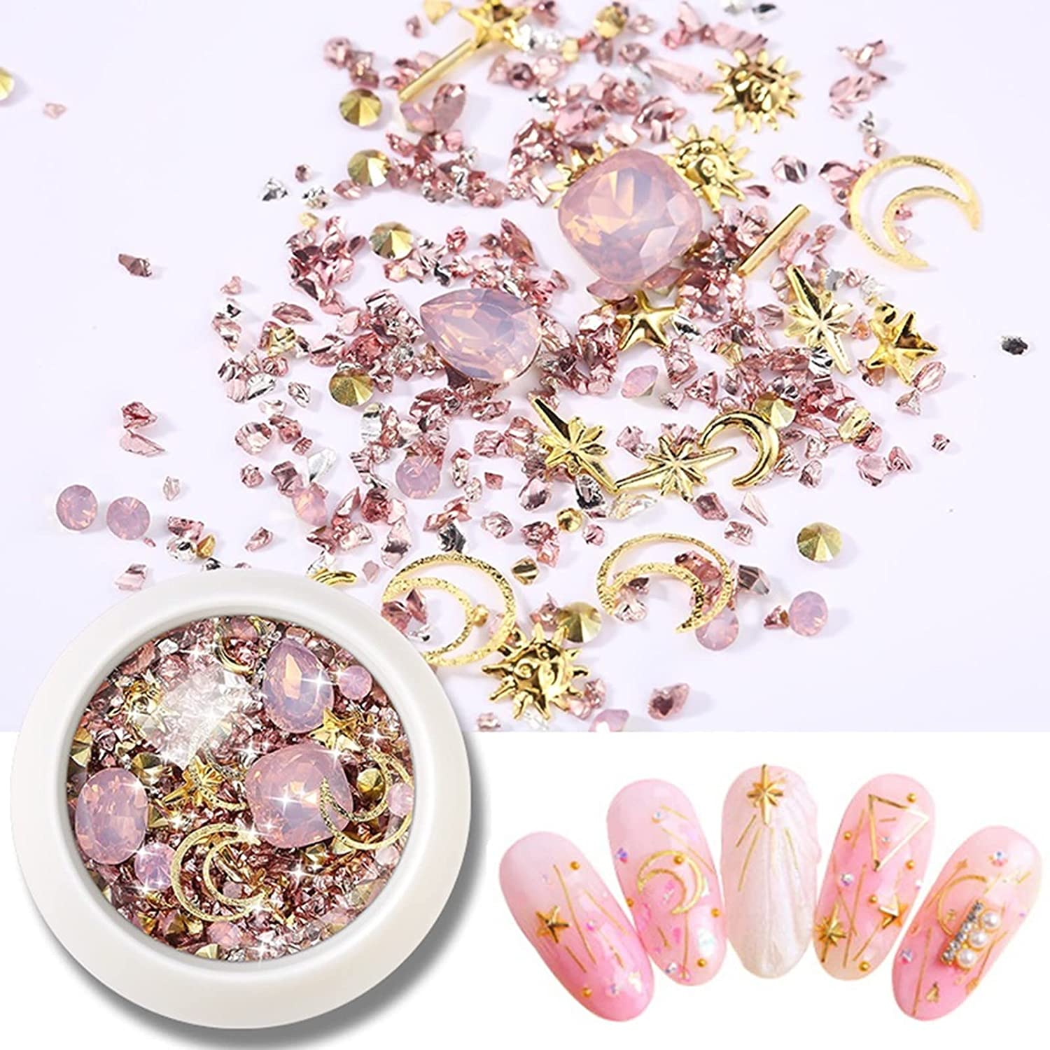 Ginojex DIY Manicure Art Design 3D Nail Charms Mixed-Style Pink Crystal Rhinestone Star Moon Metal Rivet Nail Decoration