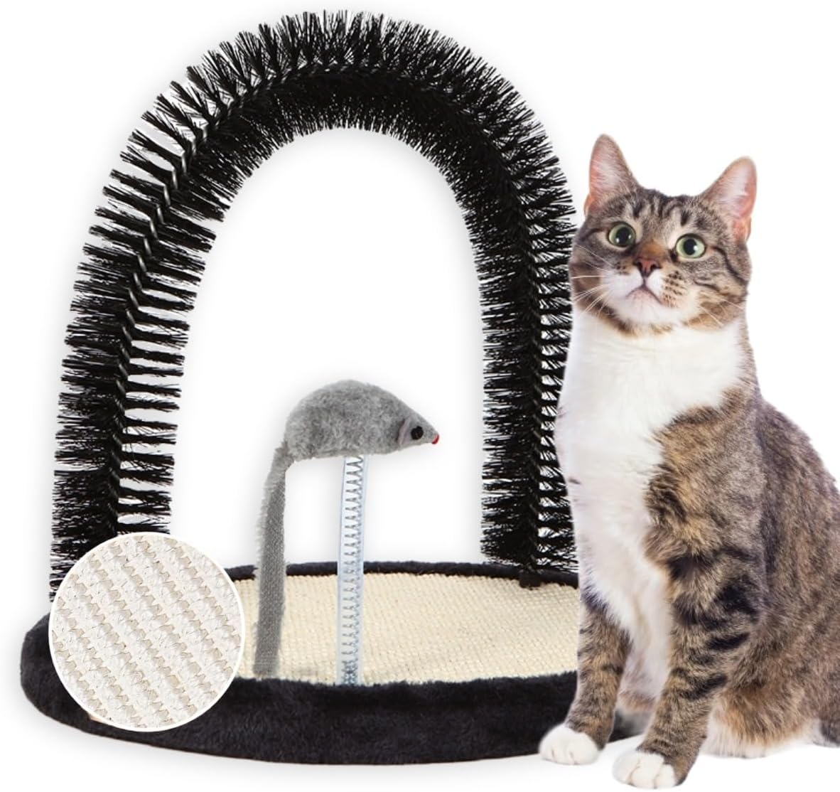 Happi N Pets Original Cat Self Groomer, Arch Grooming Brush Wtih Heavy Wooden Scratching Pad, Rubbing Post & Toy, Cat Face Scratchers Body Massager, Cat Scratchers for Indoor Cats, Brown