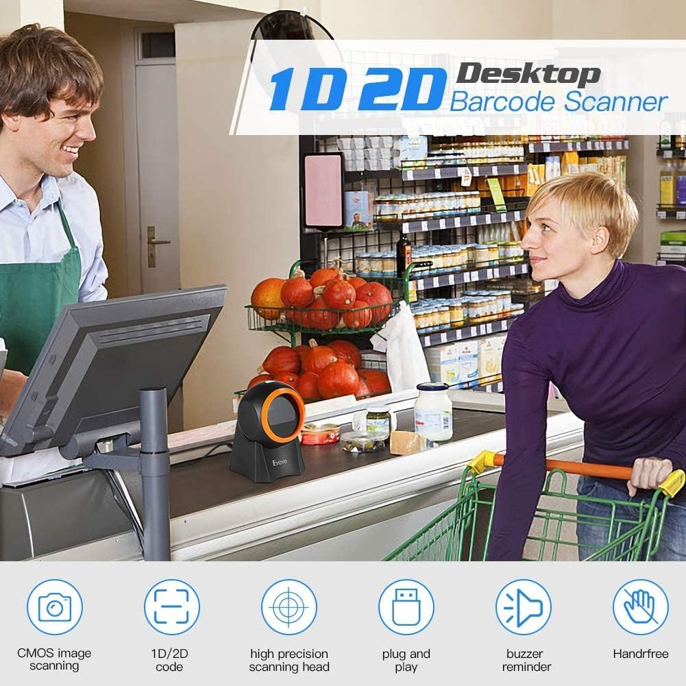 Eyoyo Hands-Free 1D 2D Desktop Barcode Scanner, QR Barcode Reader Support Screen Scanning Platform Scanner for Warehouse, Supermarket, Retail Store, Bookstore Pos System image number 1