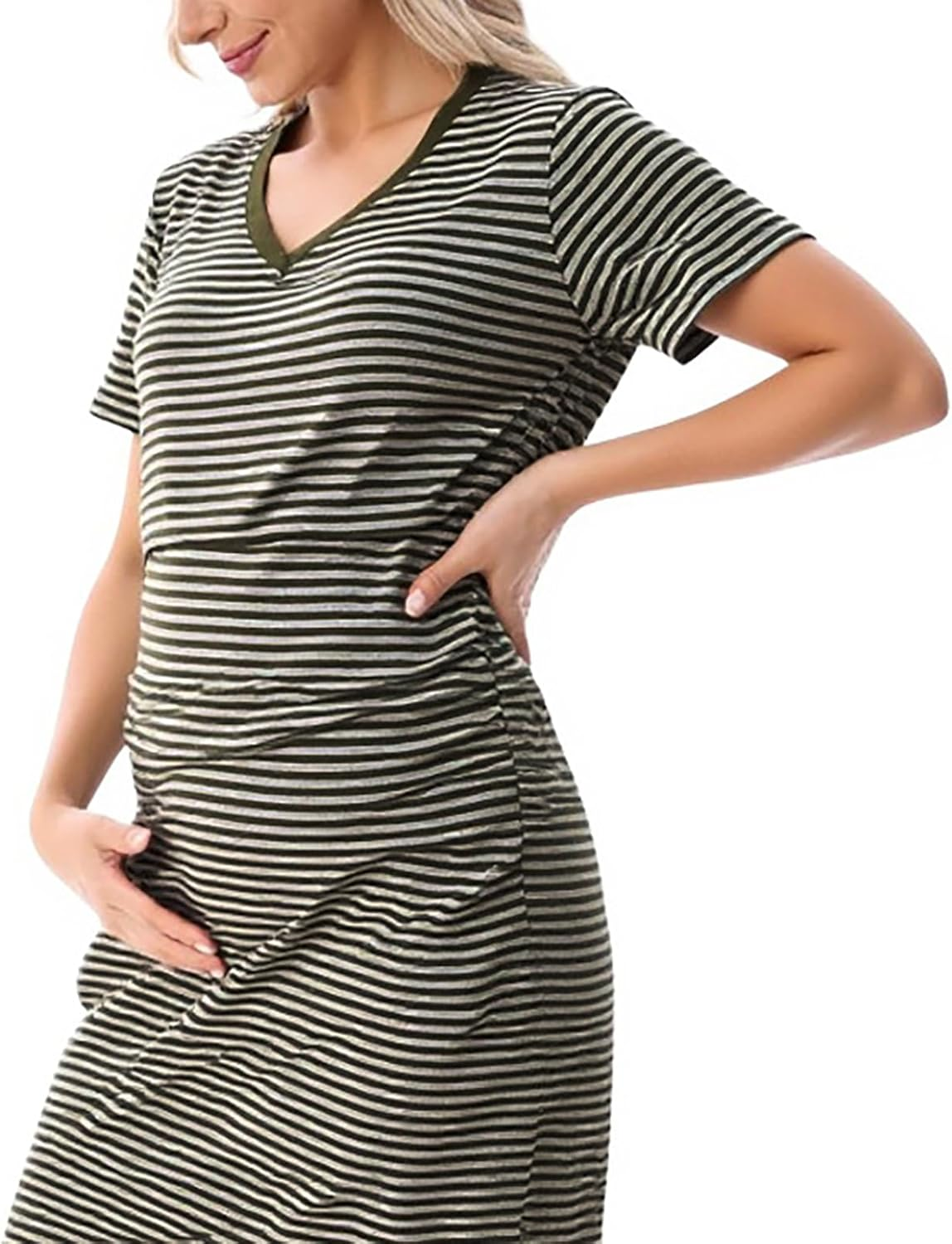 Maternity Striped Long Dress &ndash; Loose Casual Short Sleeve Pregnancy Maxi with V-Neck for Everyday Comfort image number 2