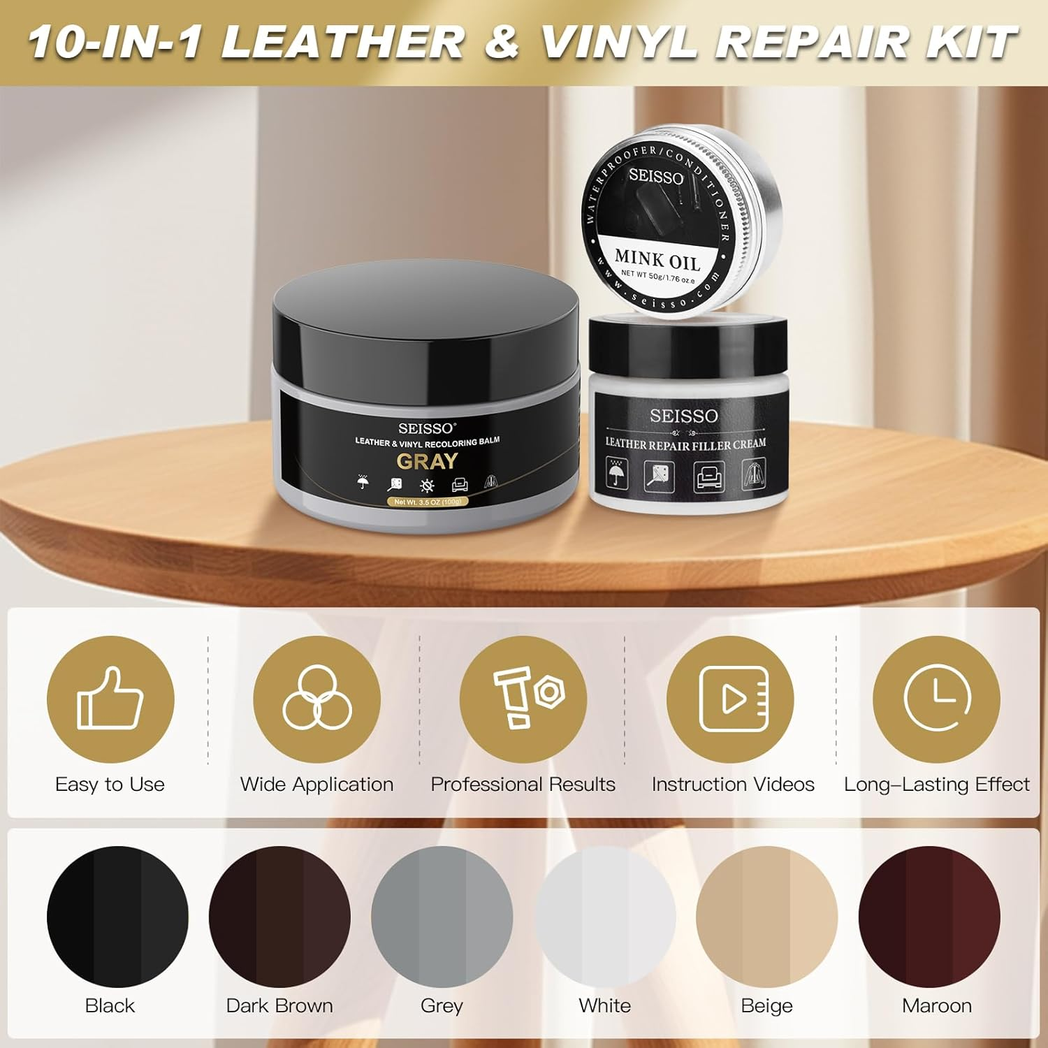 SEISSO Leather Repair Kit for Furniture, Gray Vinyl Repair Kit with Mink Oil Car Interior Leather Recoloring Balm for Scratches, Fading Shoes, Car Seat, Sofa image number 4
