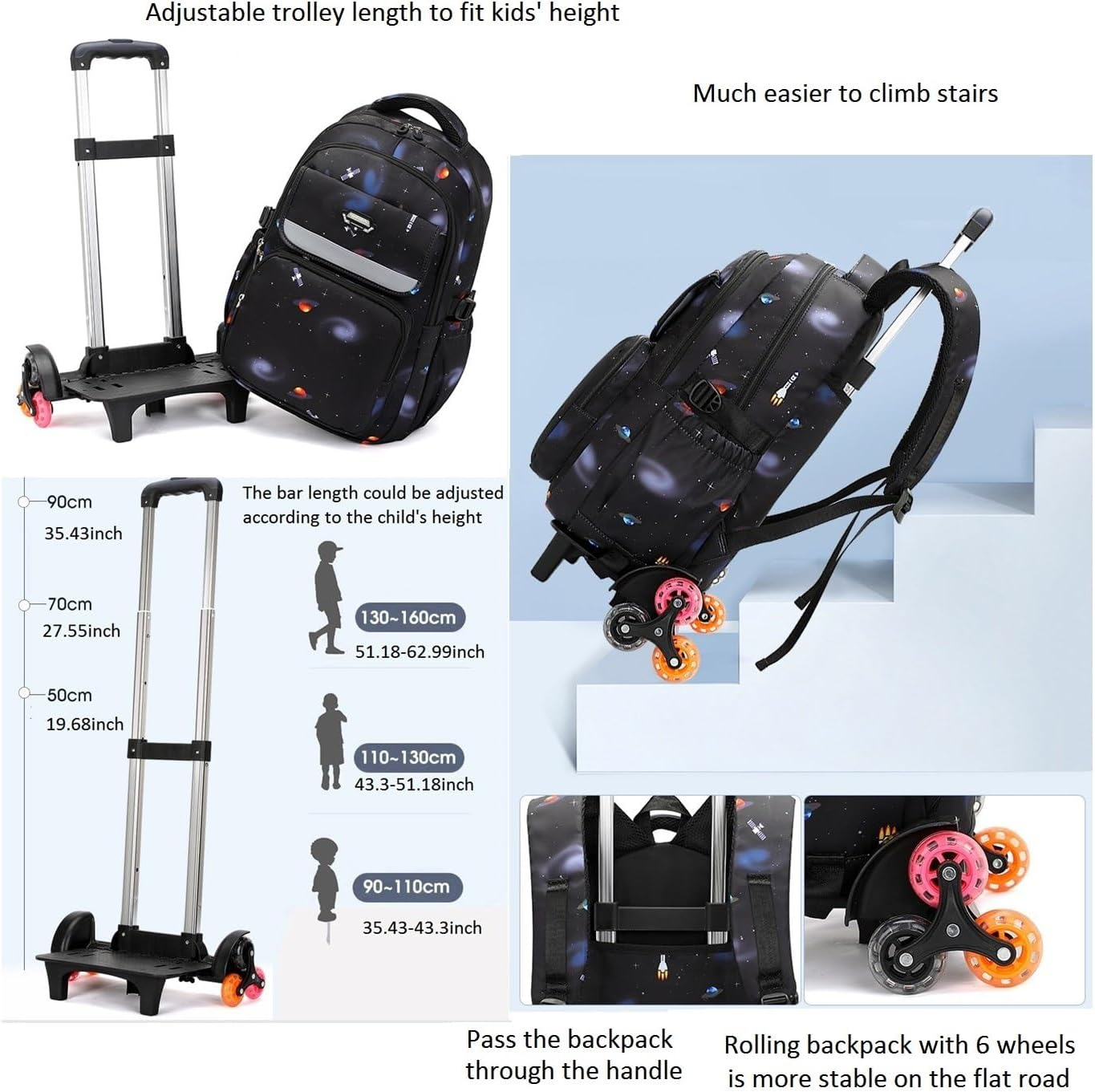Galaxy Rolling Backpack for Boys Wheeled Backpack Kids Trolley School Bag - Style F-3Pcs Black Blue image number 5