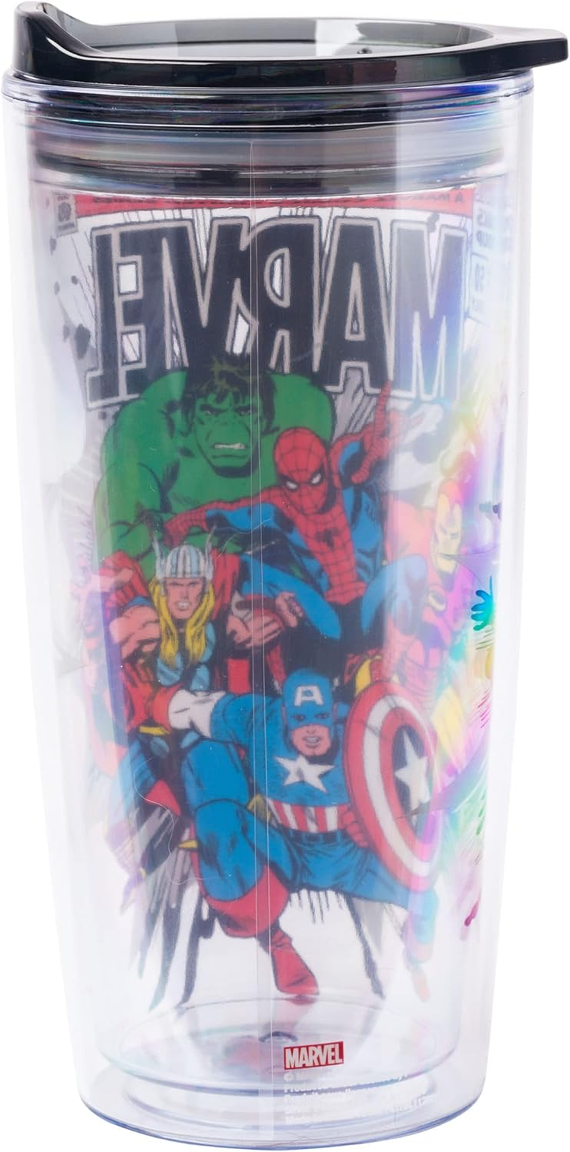Silver Buffalo Retro Marvel Comics Avengers Double Wall Travel Tumbler with Slide Close Lid Spider-Man, Captain America, Thor, Hulk, and Iron Man, 20 Ounces - Care Bears And Strawberry Shortcake Iridescent image number 3