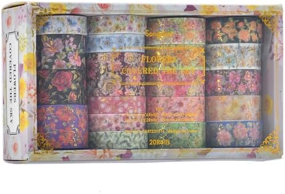 KAVI' S 20 Rolls Flowers Washi Tape Set Floral Arts Adhesive Tapes Gold Foil Decorative Masking Tape Sets for Craft, Kids, Scrapbook, DIY, Gift Wrapping image number 2