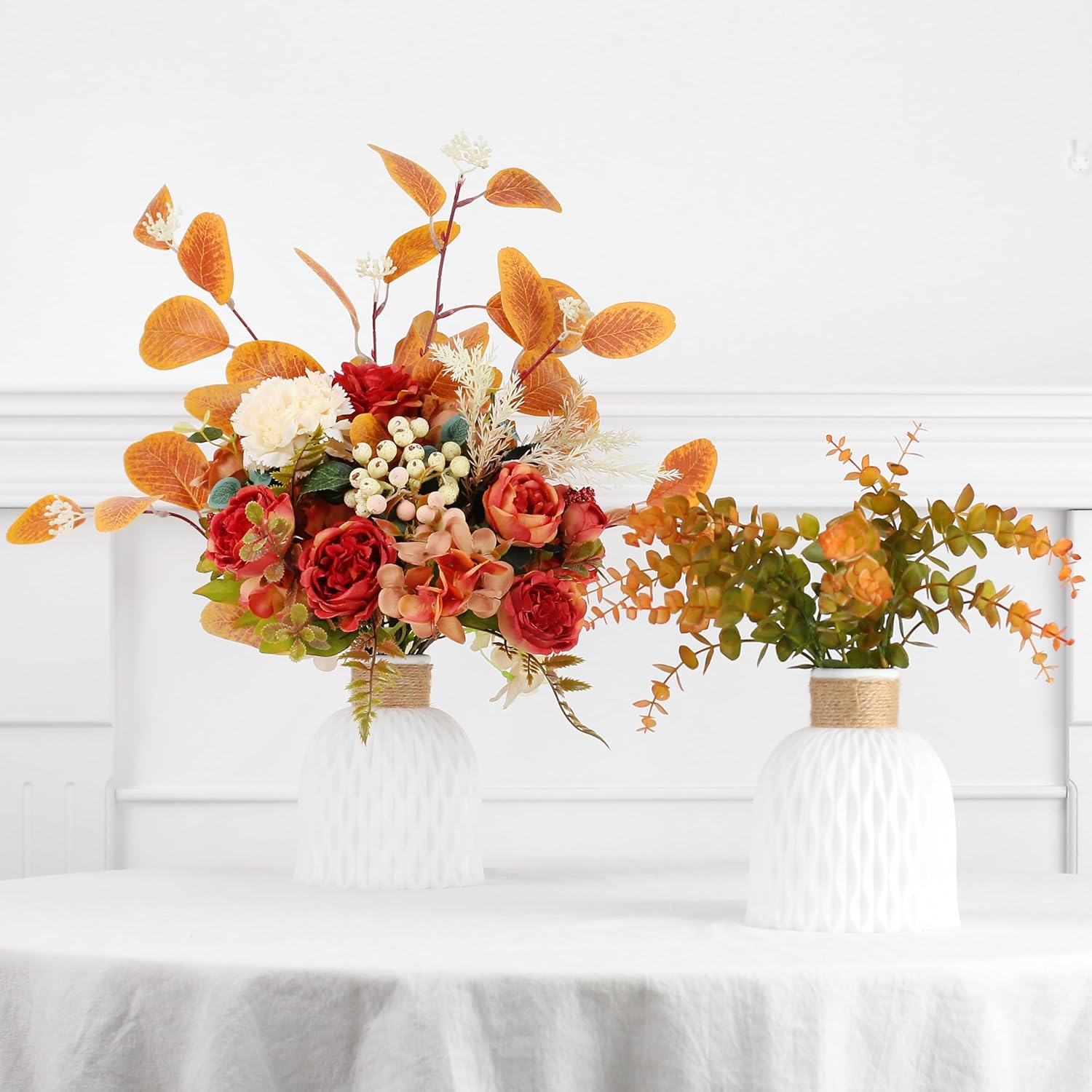 Artificial Fall Floral Arrangement with Orange Leaves and Red Roses in White Ceramic Vase, Autumn Home Decor (Orange Leaves + Ceramic Vase)