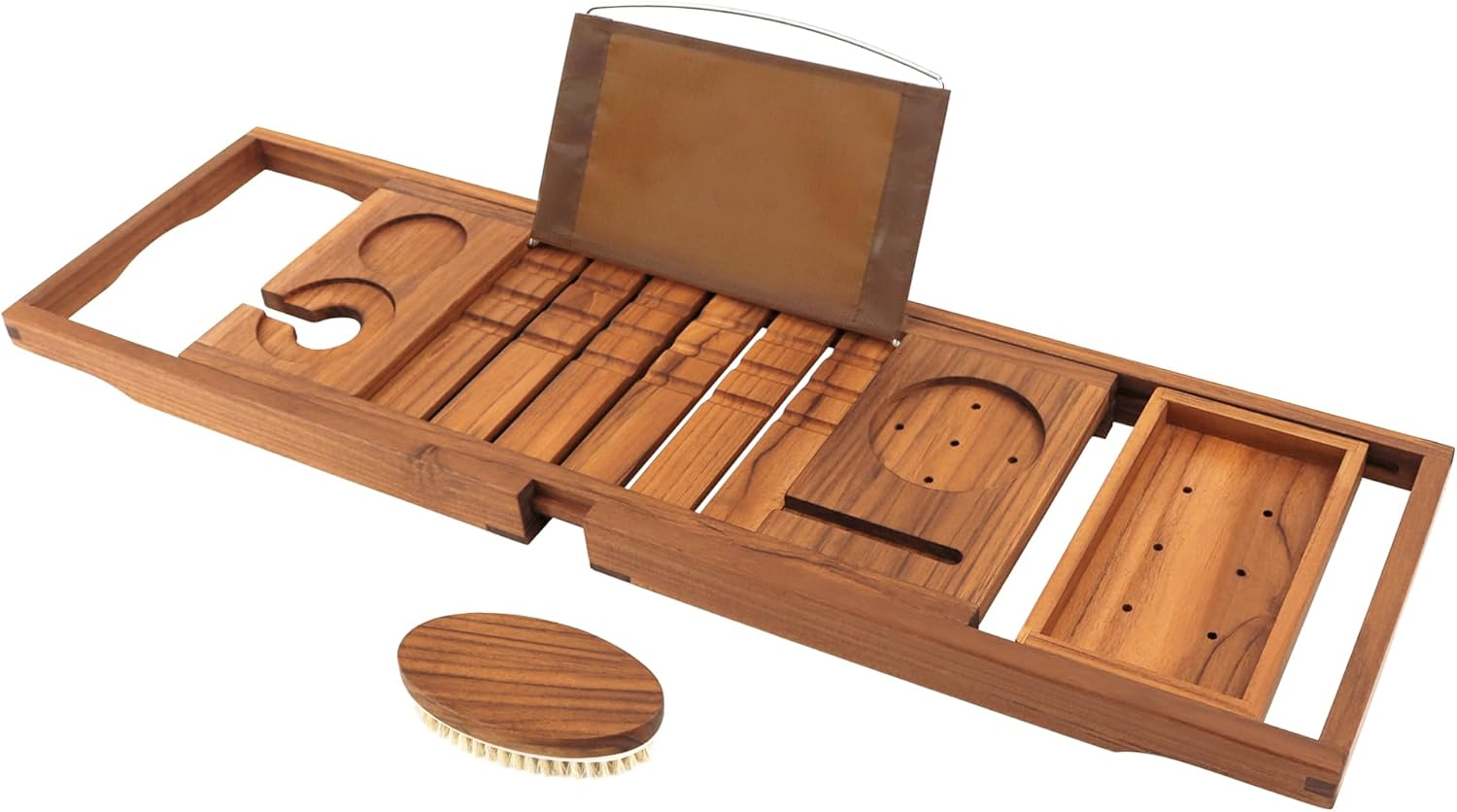 Vaefae Teak Bathtub Tray, Expandable Wooden Bath Tray for Tub with Wine and Book Holder, Solid Bathroom Caddy with Free Teak Body Brush image number 1