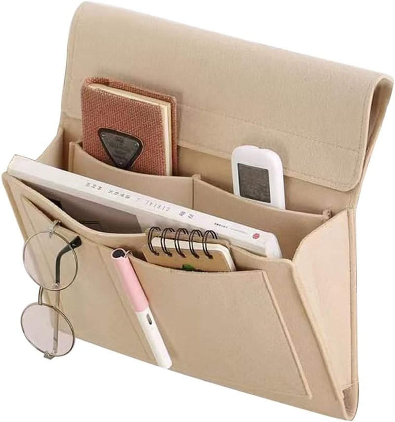 Vivva Bed Caddy Organizer under Mattress, Pockets Felt Sofa Storage Bag, Student Dormitory Bedside Book Storage Hanging Bag, Bedside Caddy for Magazine, Headphones, Remote Control (L, Khaki)