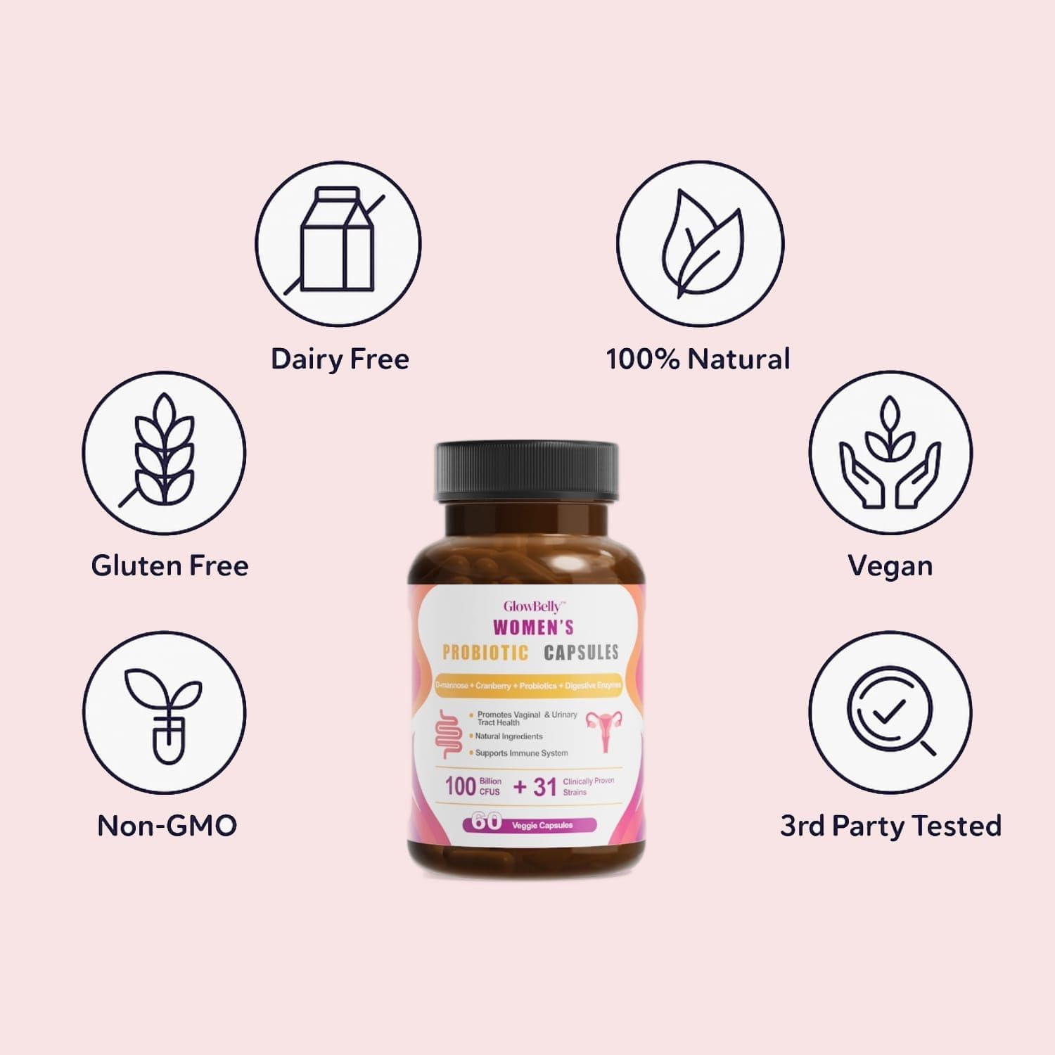 Glowbelly Women&rsquo;S Probiotic | 100 Billion CFU | 31 Strain Broad-Spectrum Blend with Prebiotics, Digestive Enzymes, Cranberry & D-Mannose | Vegan | 60 Shelf-Stable Veggie Capsules image number 2