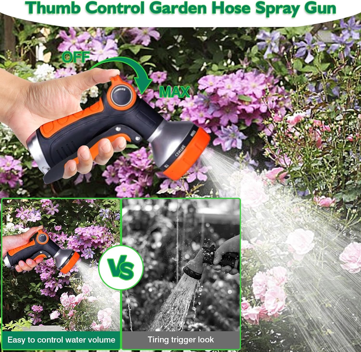 Garden Hose Nozzle,Water Spray Nozzle,8 Adjustable Watering Patterns for Plants,Lawn& Garden,Washing Cars,Pet Showering image number 3