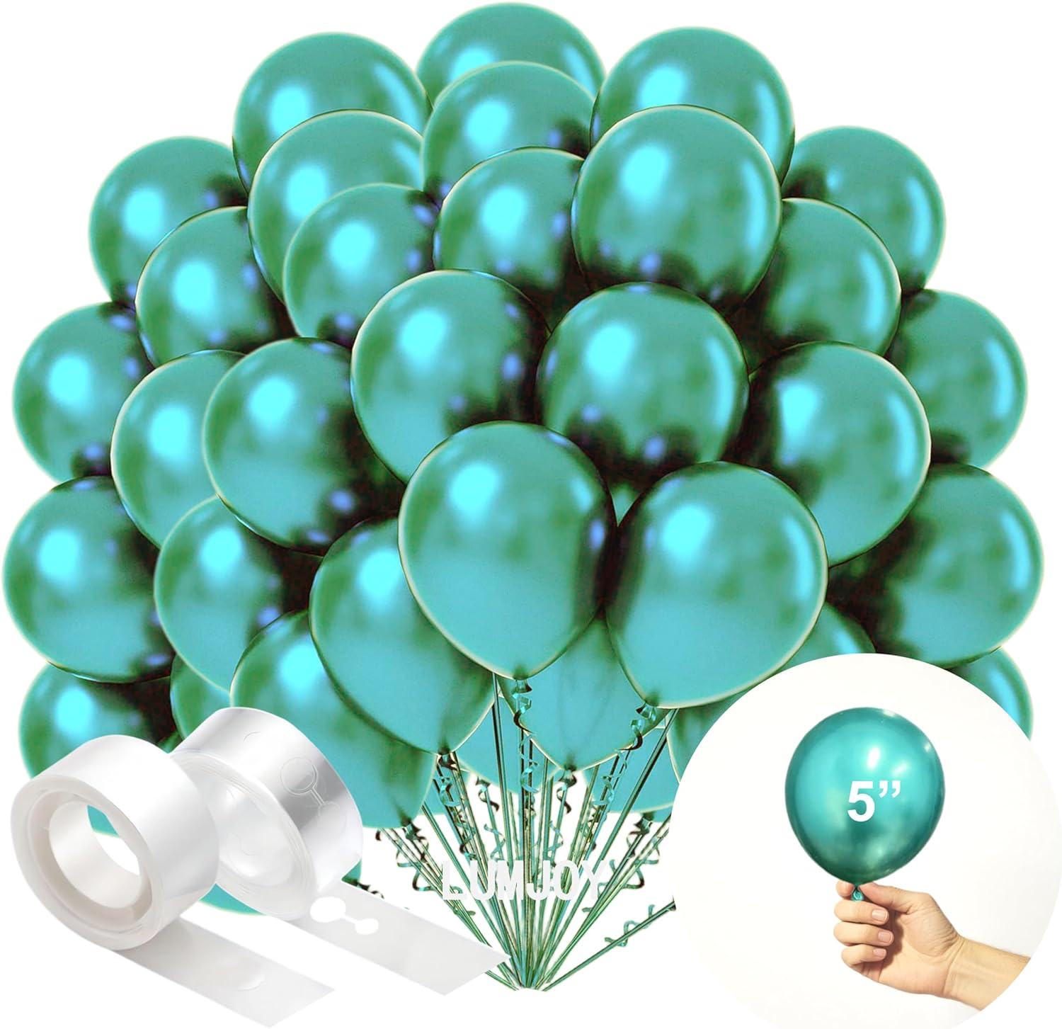 Lumjoy Green Metallic Balloons 100 Pack, 5 Inch (12Cm) Shiny Latex Balloons with Glue Dots & Strip for Weddings, Birthday, Baby Showers & Party Decorations - Black Metallic image number 4