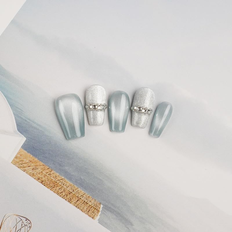 [GLORS] Purly Handmade Medium Ballerina Press on Nails | Blue False Nails with Rhinestones, 10 Pieces (XS, MB) image number 2