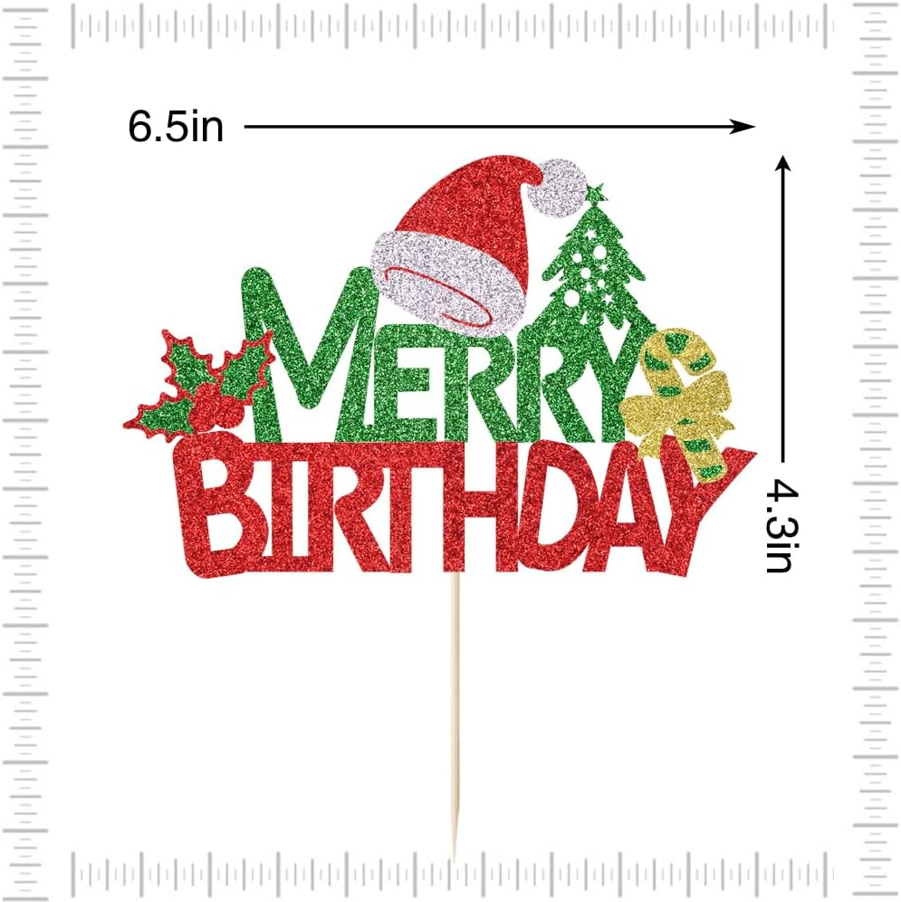 Merry Birthday Cake Topper,New Year Christmas Holiday Party Supplies,Red & Green Glitter Christmas Cake Decorations，Winter Holiday Cake Picks-Christmas Birthday Party Supplies(Birthday 2)