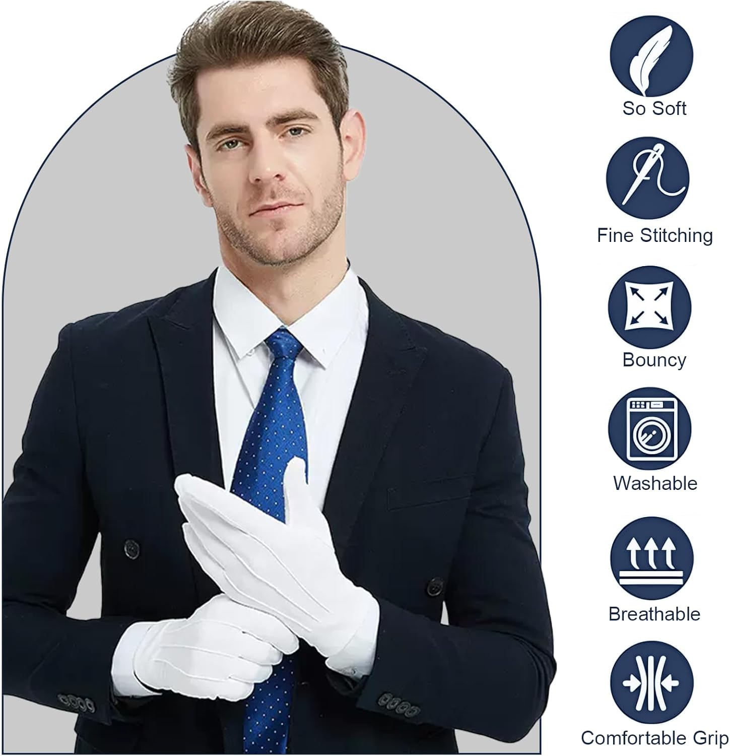 2 Pairs White Gloves for Handling Wedding Dress, Fancy Dress and Jewelry, Stitched Nylon Gloves, White, One Size image number 2