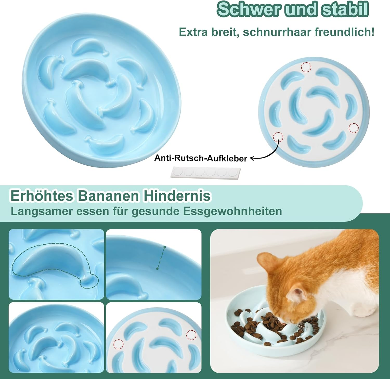 Ceramic Pastel Series Slow Feeder Bowl - Cute Maze Cat Food Plate for Healthy Eating - Fun Puzzle Feeder Dish - Dishwasher Safe - 6.3''W X 1.2''H - 7 OZ - Pale Blue - Bamboo Stand - Bright Yellow image number 7