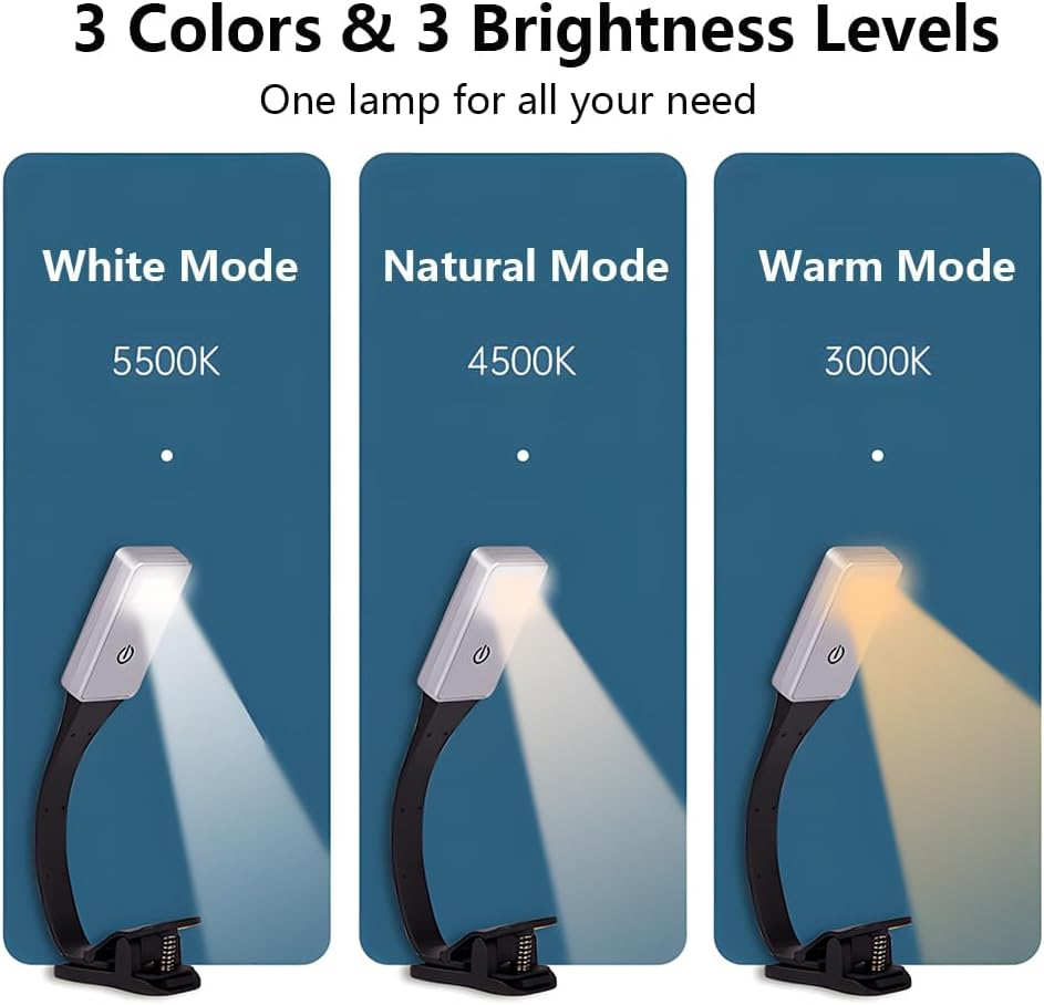 RUPEWA 8 LED Book Light, Clip-On​ Book Light for Bedside Reading, Lightweight Reading Light, USB Rechargeable Book Lamp for Book Lover, Black image number 2