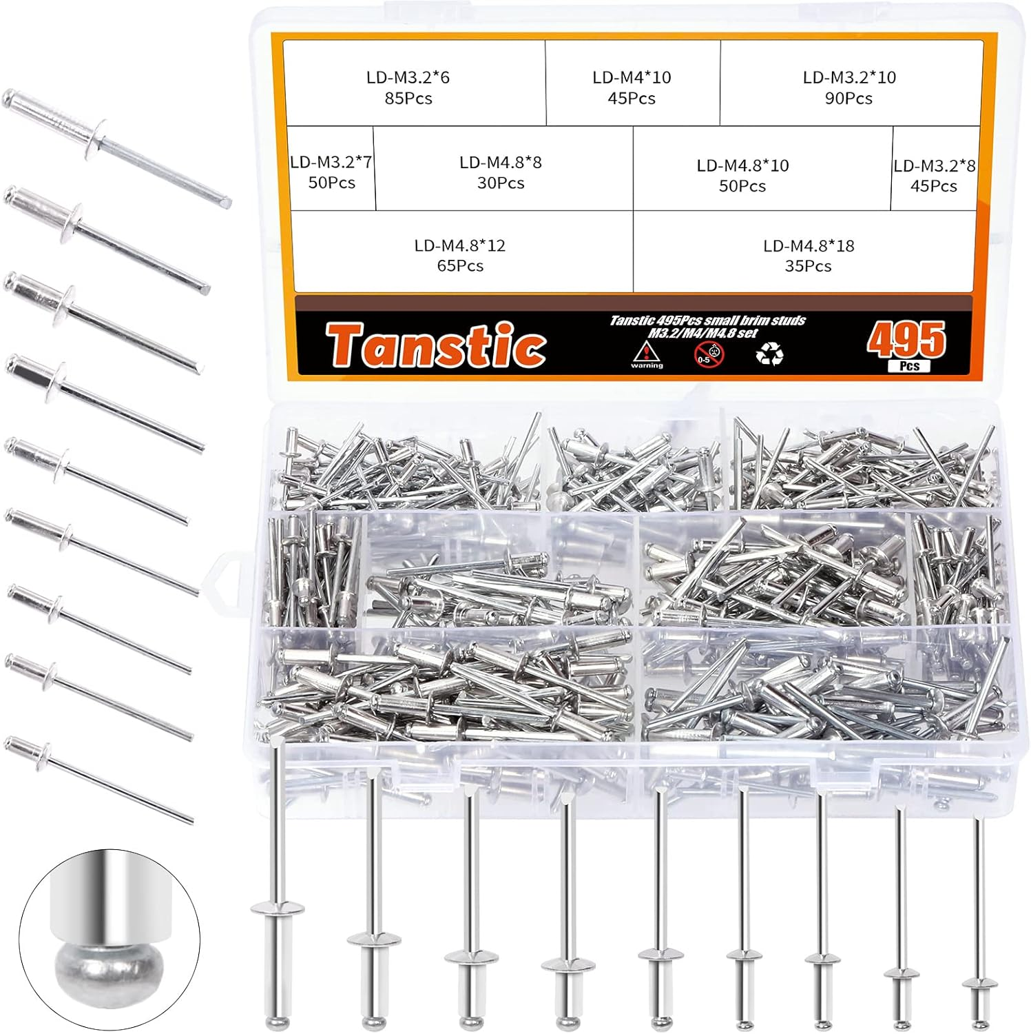 Tanstic 495Pcs 9 Sizes Aluminum Rivets Assortment Kit, M3.2 M4 M4.8 Blind Rivets, Pop Rivets with Storage Case (Silver) image number 5