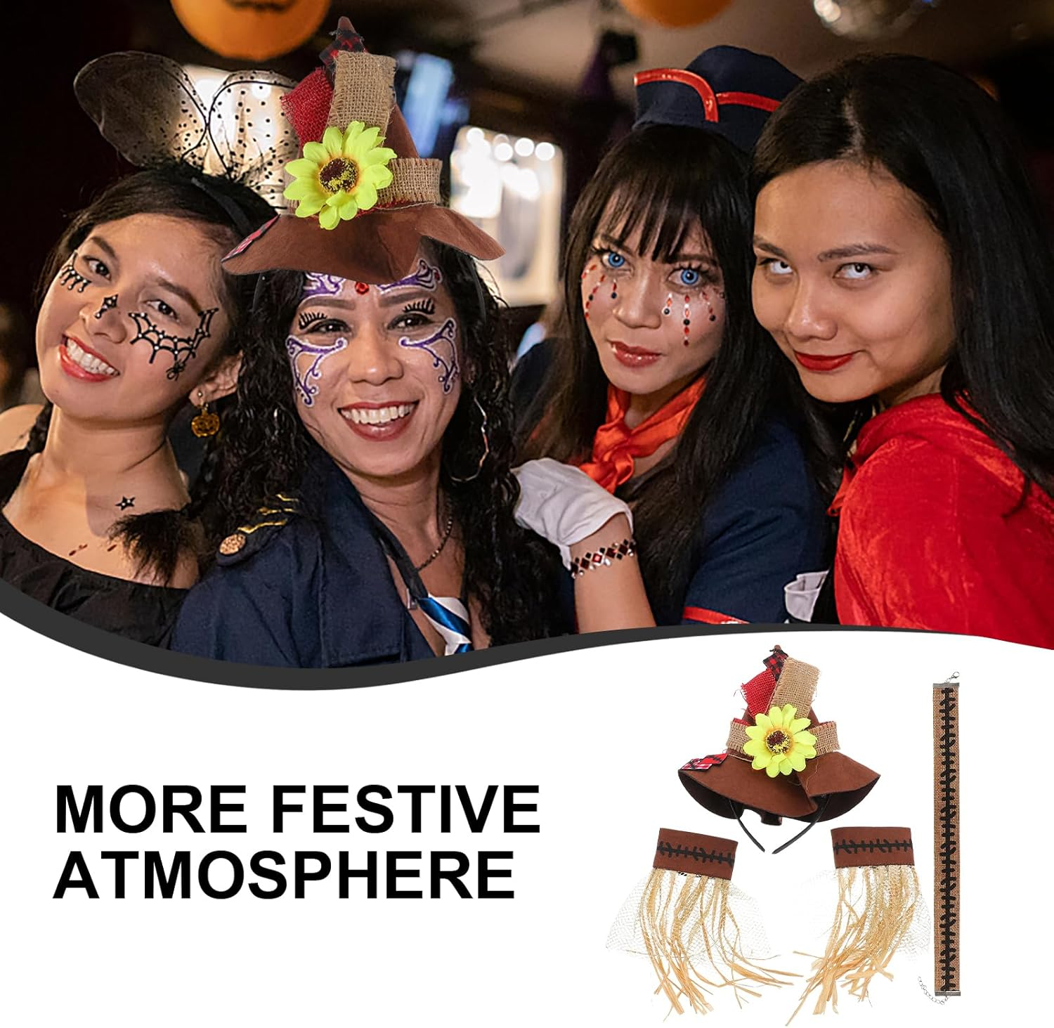 GANAZONO 4Pcs Halloween Straw Costume Accessories Includes Hat Wristbands Necklace for Adults for Carnival Theme Parties Festivals image number 6