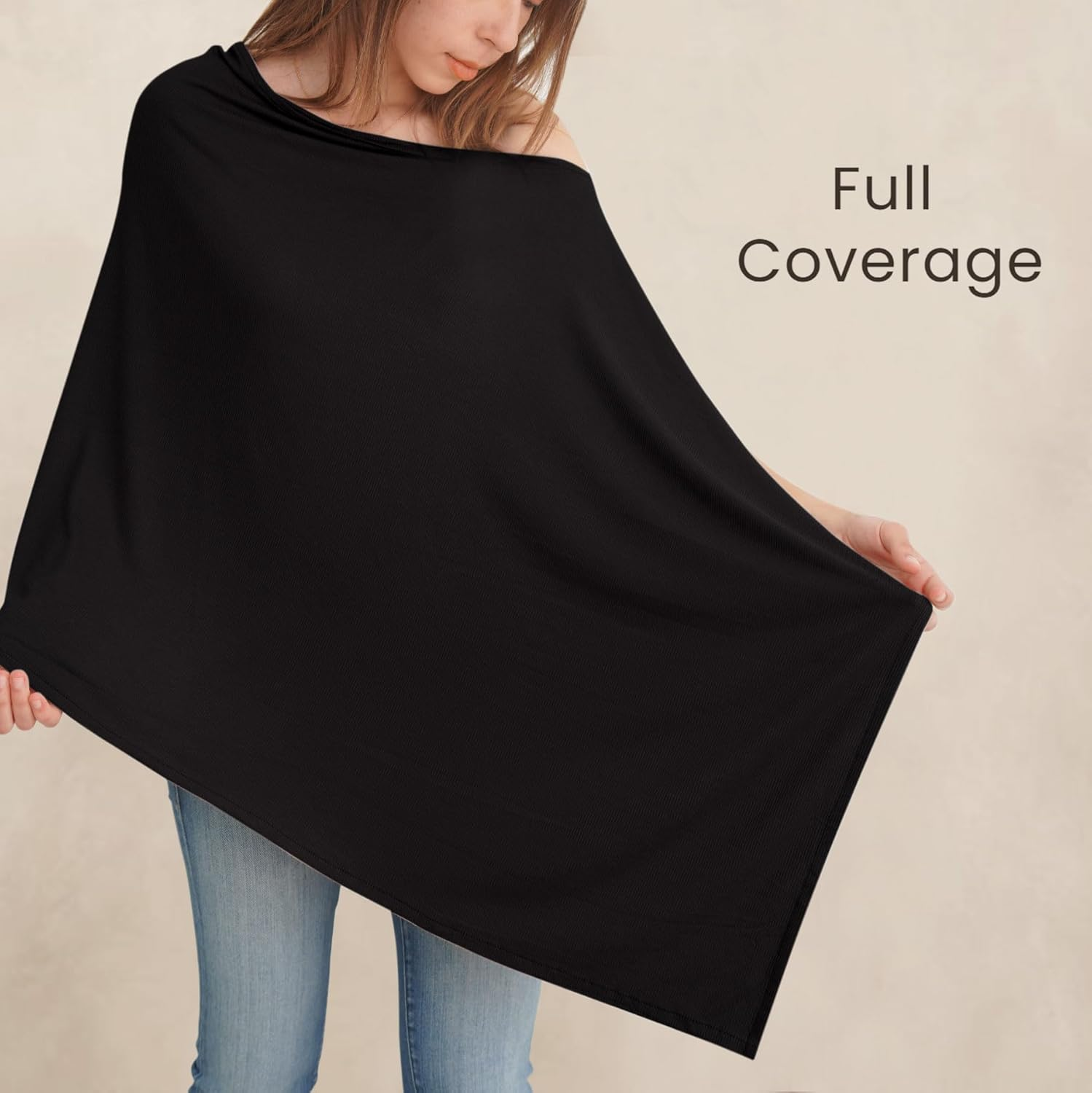 Konssy Knit Nursing Cover for Breastfeeding, 360&deg; Full Privacy Breathable Breastfeeding Cover, Multi-Use Carseat Canopy(Black) - Blush Beige image number 5