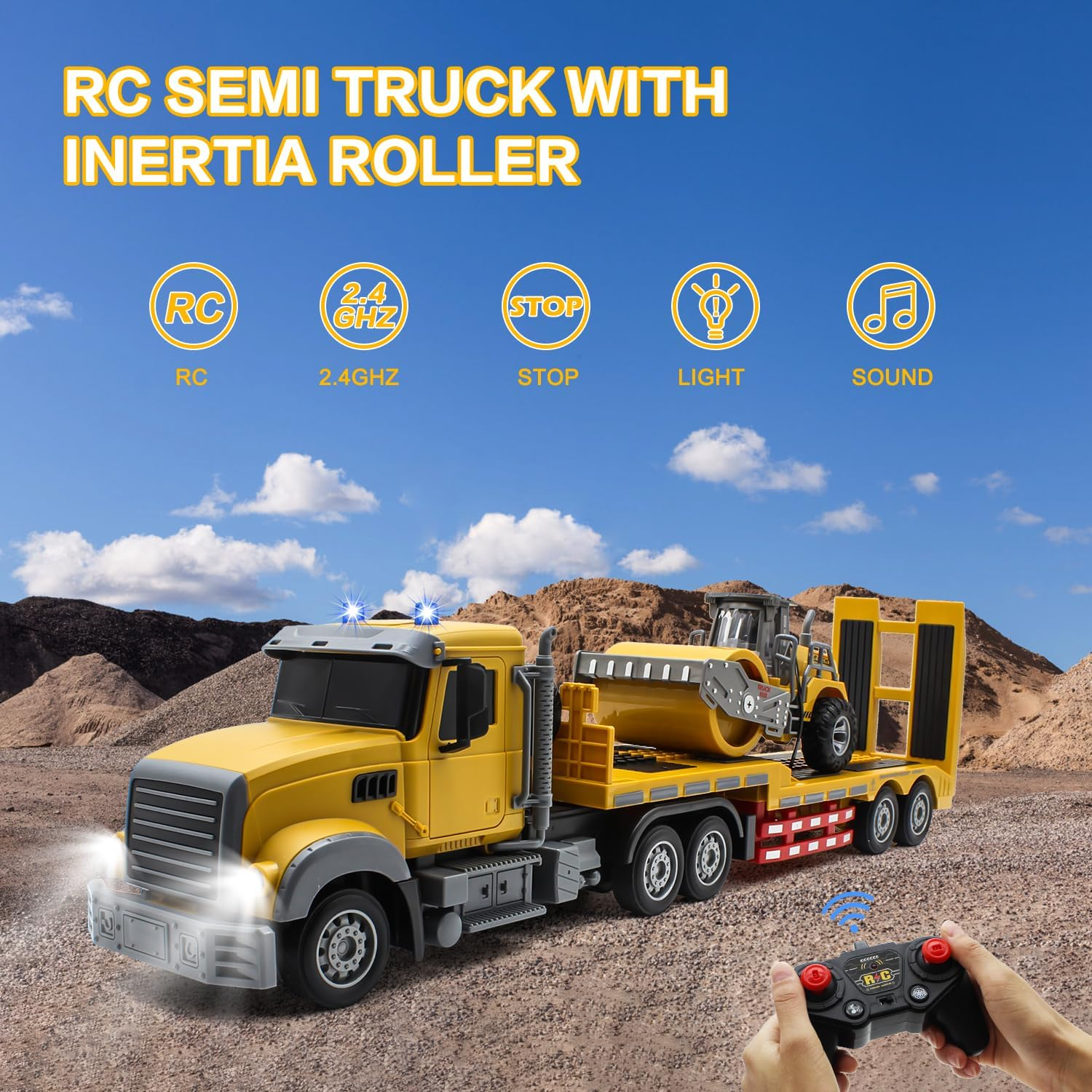 Fistone RC Semi Truck with Trailer, 1:24 RC Semi-Trailer Engineering Tractor with Sound and Lights, 2.4Ghz Remote Control Flatbed Truck with Road Roller Toys, Construction Vehicles Toy for Boys image number 2
