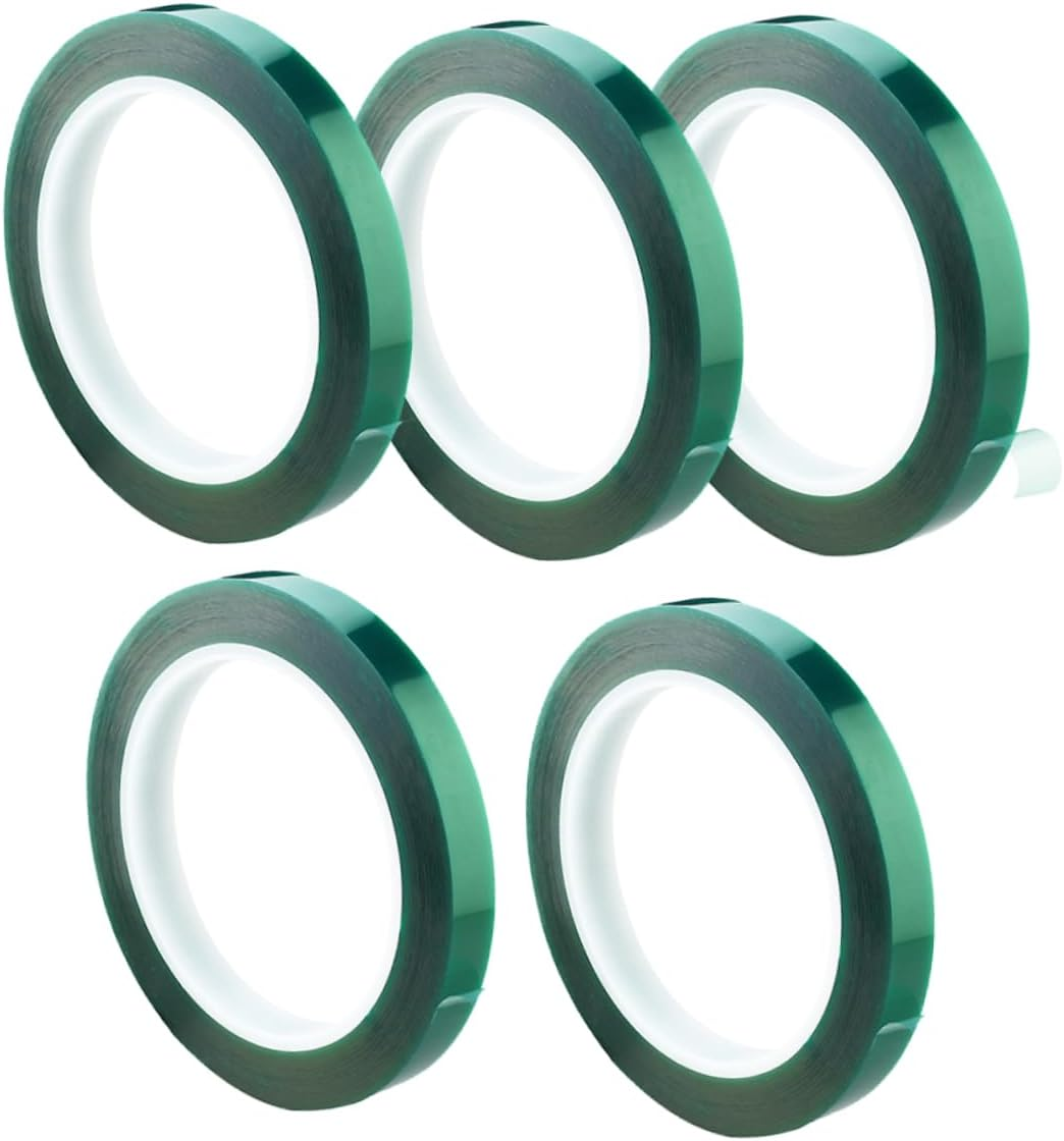 GARVALON 5Pcs Green Pet High Temperature Adhesive Tape 8Mm X 33M 0.06Mm Thickness for Car Spray Paint Circuit Board Shielding Plating Automotive Use image number 5