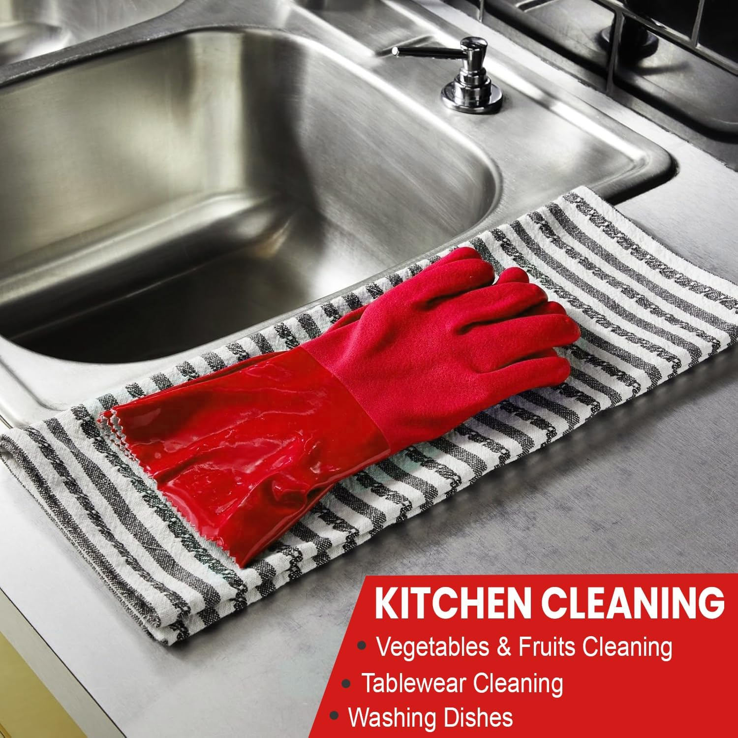 OZBEE 3 Pairs Long PVC Kitchen Cleaning Gloves Dishwashing Household Cleaning Gloves with Cotton Lining Non Slip Waterproof for Safety Purpose | Reusable for Household Use | 45 Cm image number 5