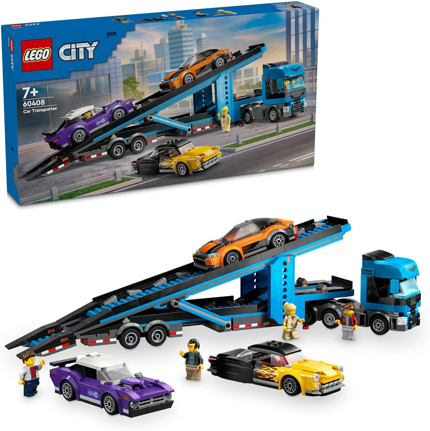 LEGO City Car Transporter Truck with Sports Cars Construction Set, 4 Vehicle Kids Toys for 7 plus Year Old Boys & Girls, STEM Building Kit with Trailer and 4 Minifigures 60408 image number 6