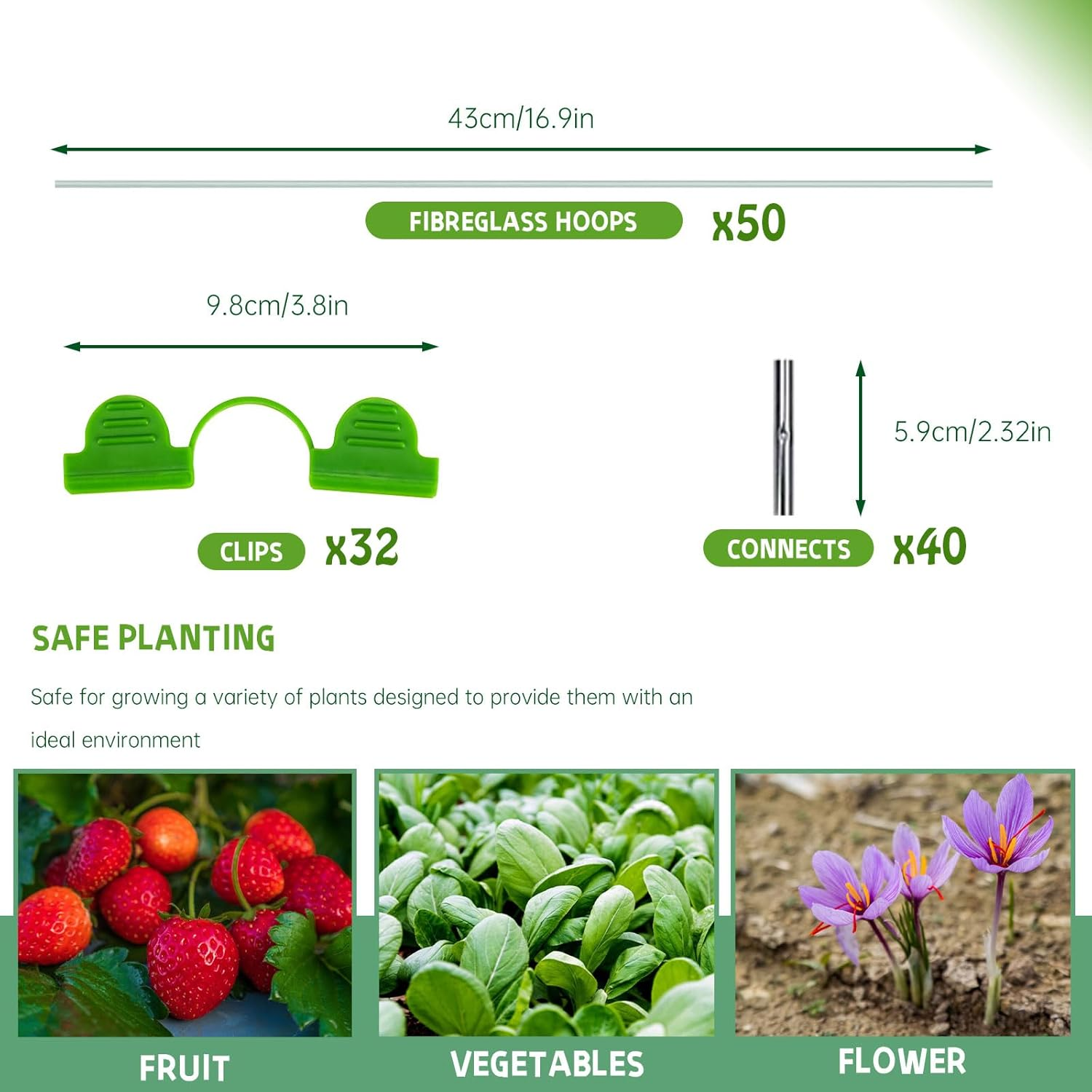 50Pcs Garden Hoops for Raised Beds, Hoops for Garden Netting, Garden Netting with Hoops for Row Cover, Greenhouse Accessories (Green)