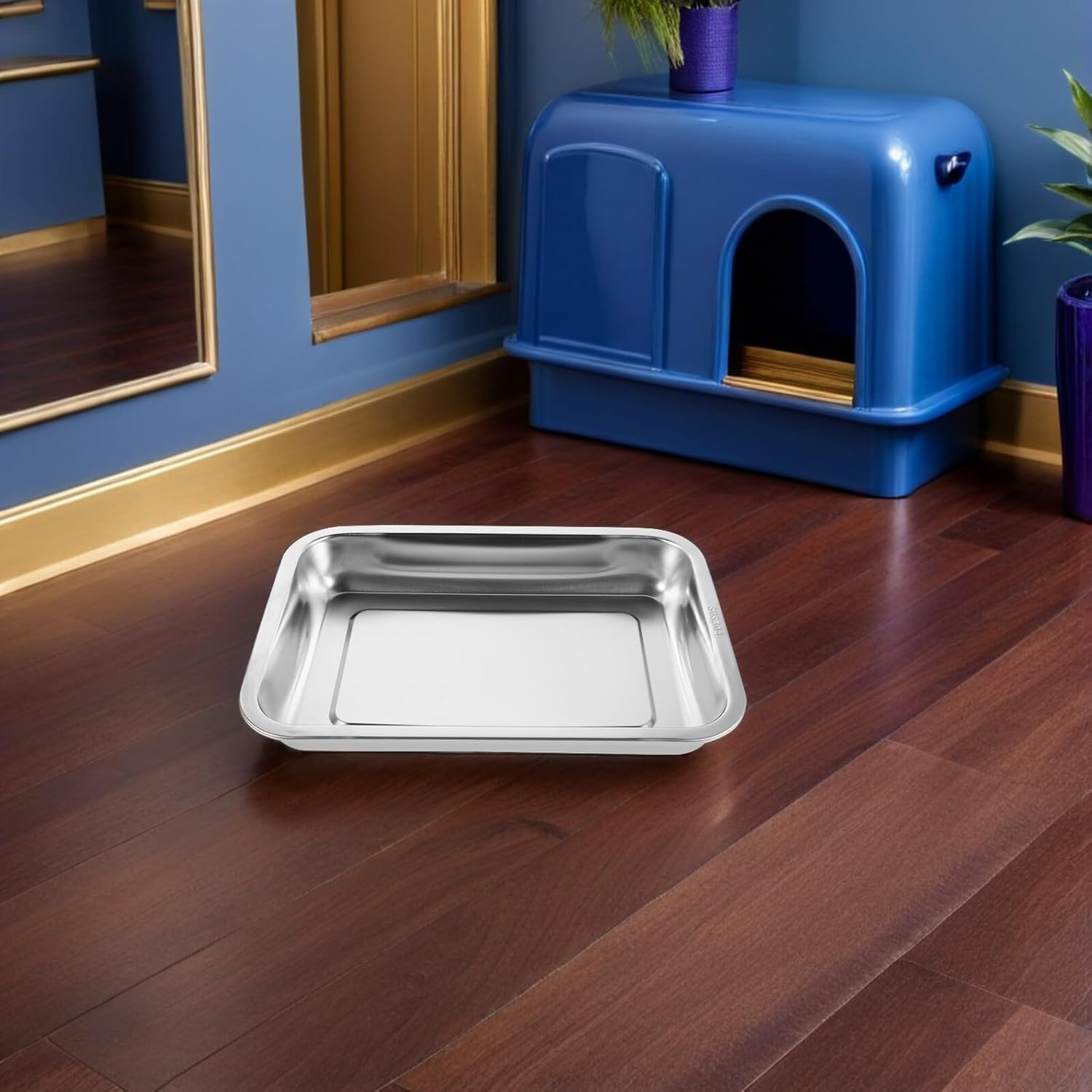 Kisangel 2Pcs 304 Stainless Steel Cat Litter Box, Deep Open Metal Indoor Litter Tray for Kittens, High-Sided Reusable Cat Pan Suitable for Pet Toilet Use image number 5