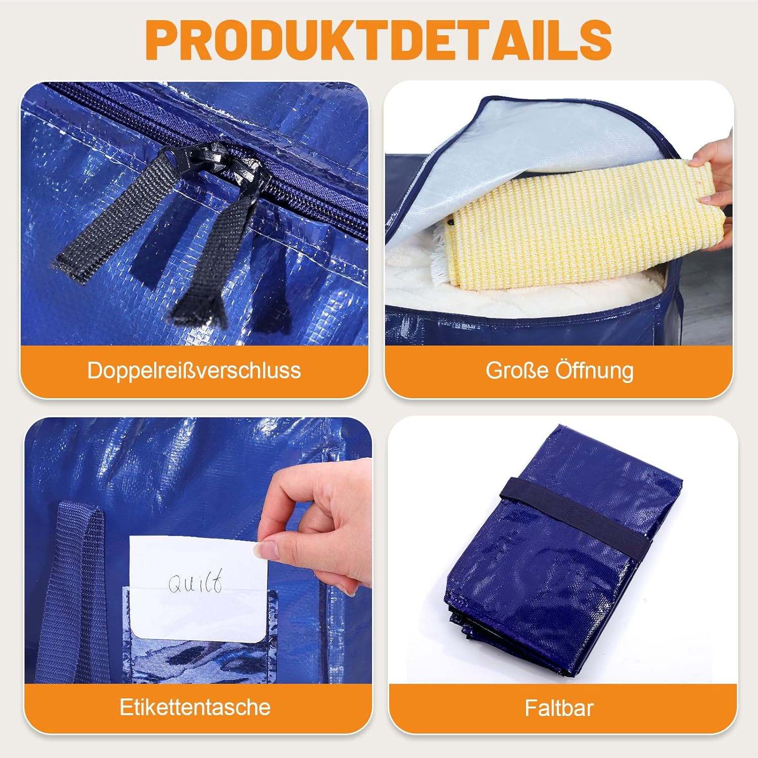 Pack of 6 90L Large Storage Bags with Lid, Foldable Moving Boxes Large with Zip Handle, Clothes Storage, Moving Bags for Moving, Camping, Bed Linen, Clothing Storage, Blue image number 6