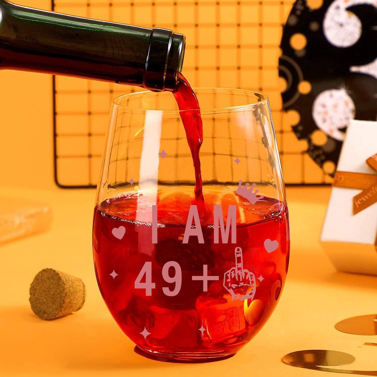 JUWNMANT Stemless Wine Glass 50Th Birthday Wine Glass Gift Anniversary Glass Men and Women 50Th Birthday Party Wedding Anniversary Decoration, 17Oz(I AM 49+1) image number 2