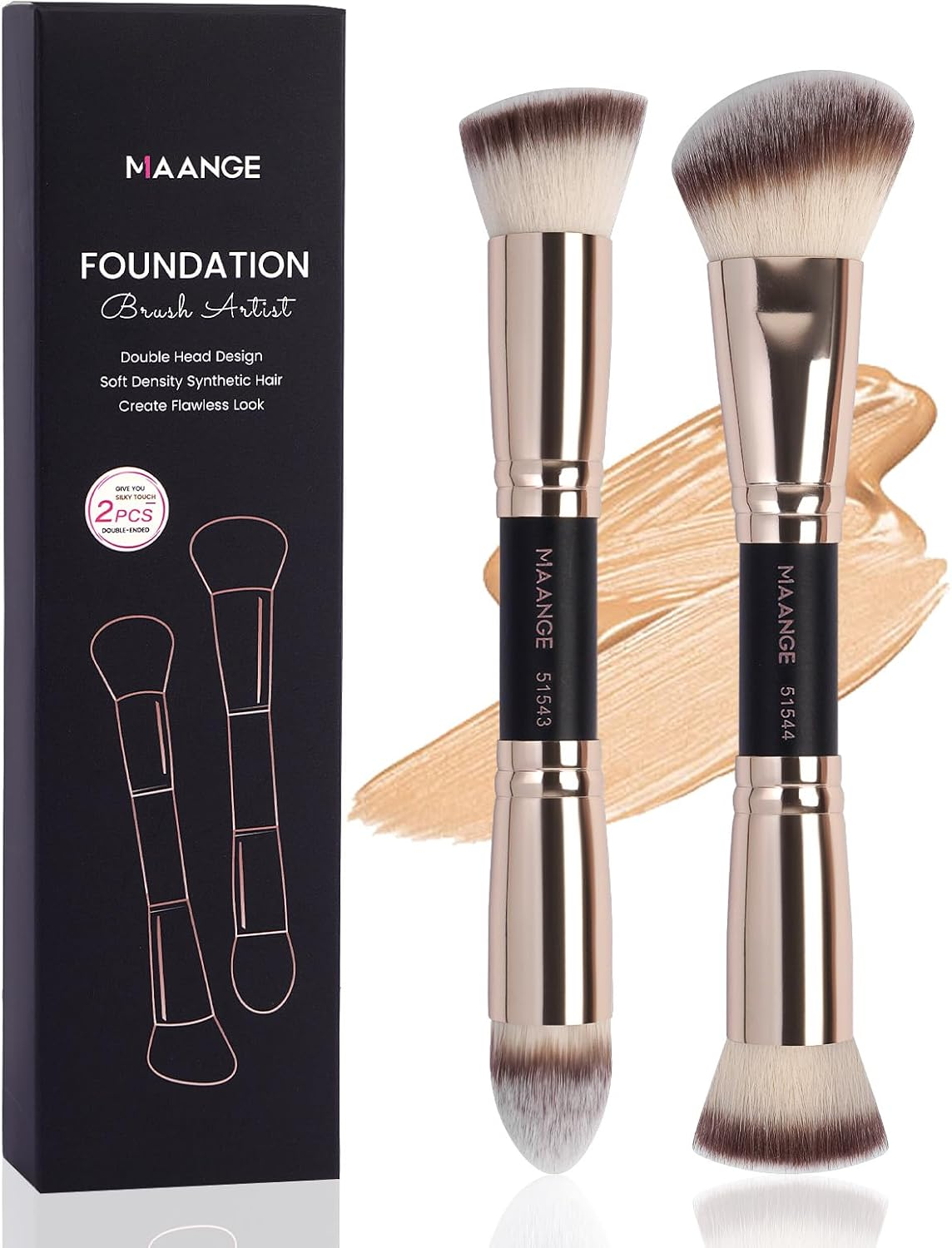 MAANGE Foundation Makeup Brushes, 2Pcs Premium Double-Ended Makeup Brush (Flat/Angled/Angled Round/Tapered Top) for Buffing Liquid, Cream, Powder, Blending Contour Face Brush(Pink/Gold)