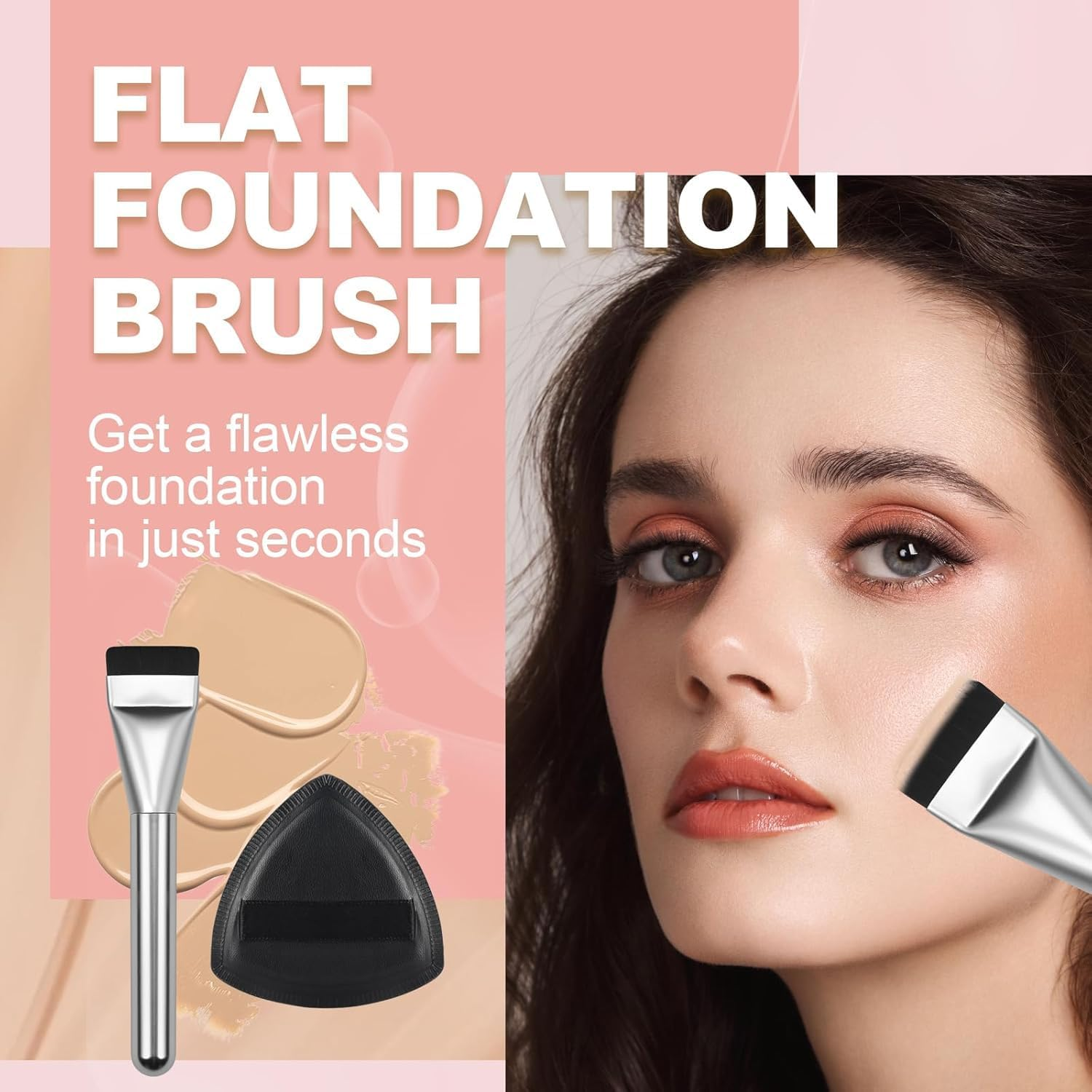 Flat Foundation Brush for Liquid Makeup, with Powder Puff Fast Flawless Flat Top Kabuki Makeup Brushes Face Cosmetics Concealer Brush for Liquid, Blending, Powder, Blush,【 Silver】 image number 1