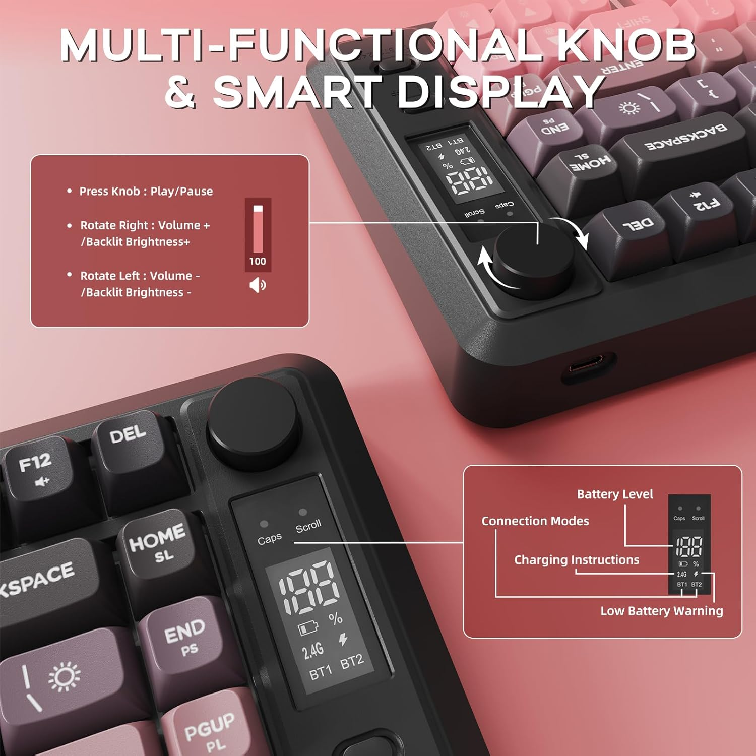 FREEWOLF X Attack Shark M75 Wireless Membrane Gaming Keyboard Mechanical Feel with Knob & OLED Display Bluetooth/2.4Ghz Rainbow Backlit Gradient PBT Keycaps 2000Mah Battery Anti-Ghosting-Pink