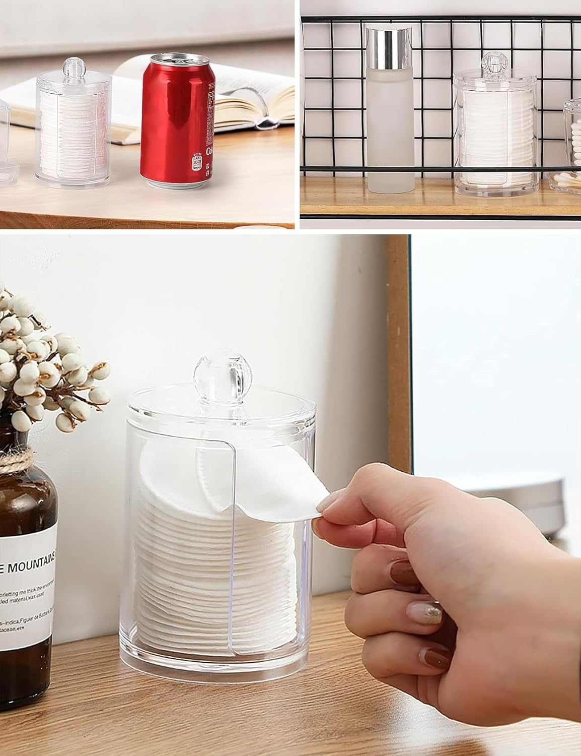 3 Pack Qtip Holder Dispenser Kit for Cotton Ball round Pads, Clear Plastic Jars Set, Jars with Lids for Bathroom Organization, 10 Oz Holder Storage Canister Acrylic Jars, Bedroom Accessories image number 3