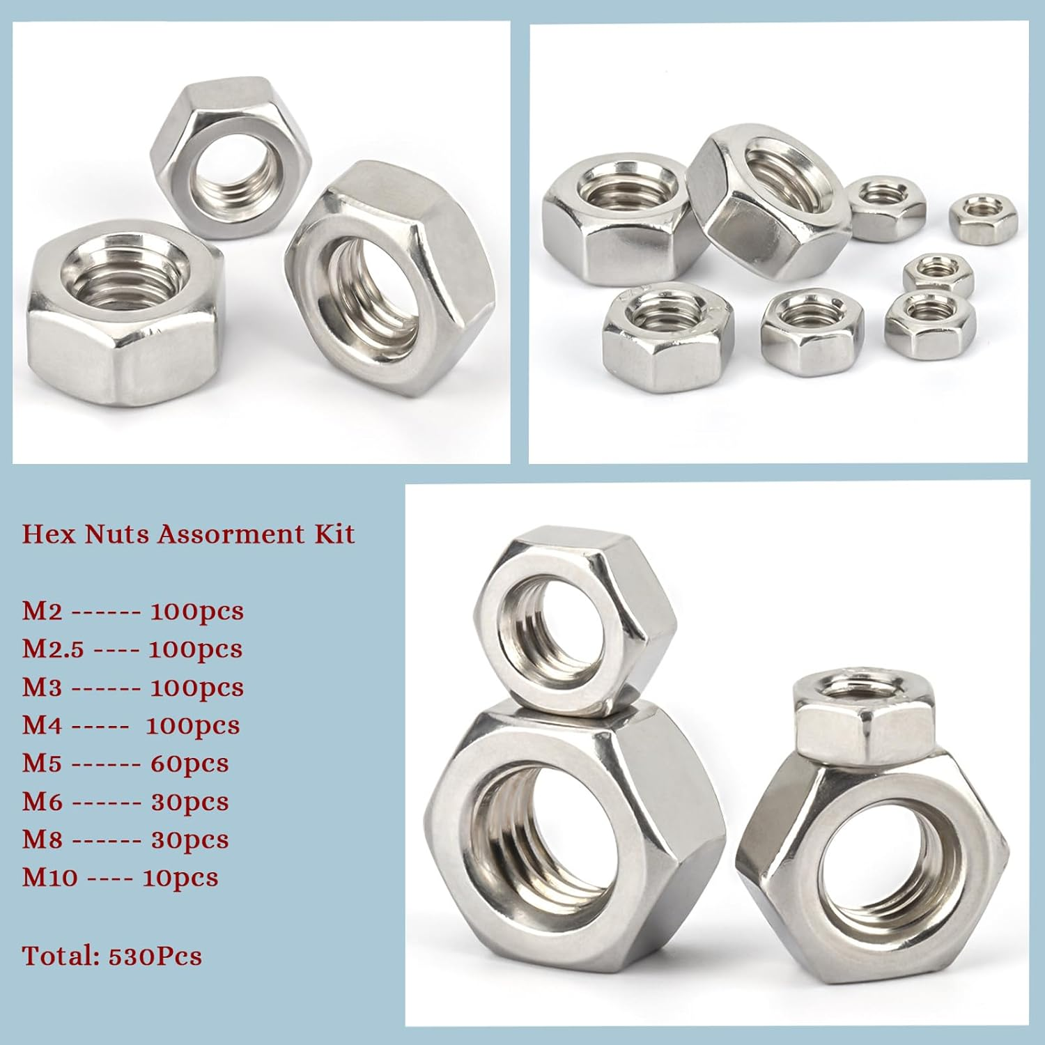 Ymaiss 530Pcs 304 Stainless Steel Hex Nuts Assortment Kit with Box 8Sizes M2 M2.5 M3 M4 M5 M6 M8 M10 Coarse Thread Hexagon Nut Hardware Nuts Sets for Screws Bolt