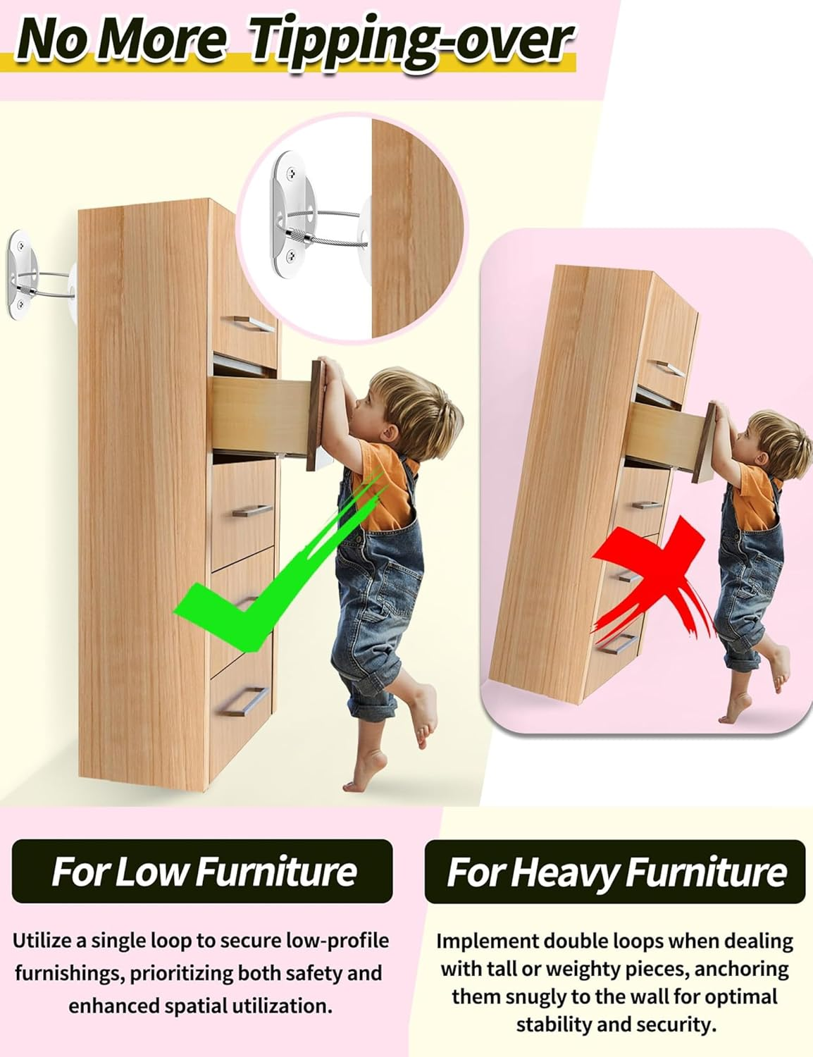 Wayfurr Furniture Anchors for Baby Proofing (12 Pack), anti Tip Wall Straps Secure 400 Lbs Dresser, Bookshelf & Cabinet, Child Safety image number 5