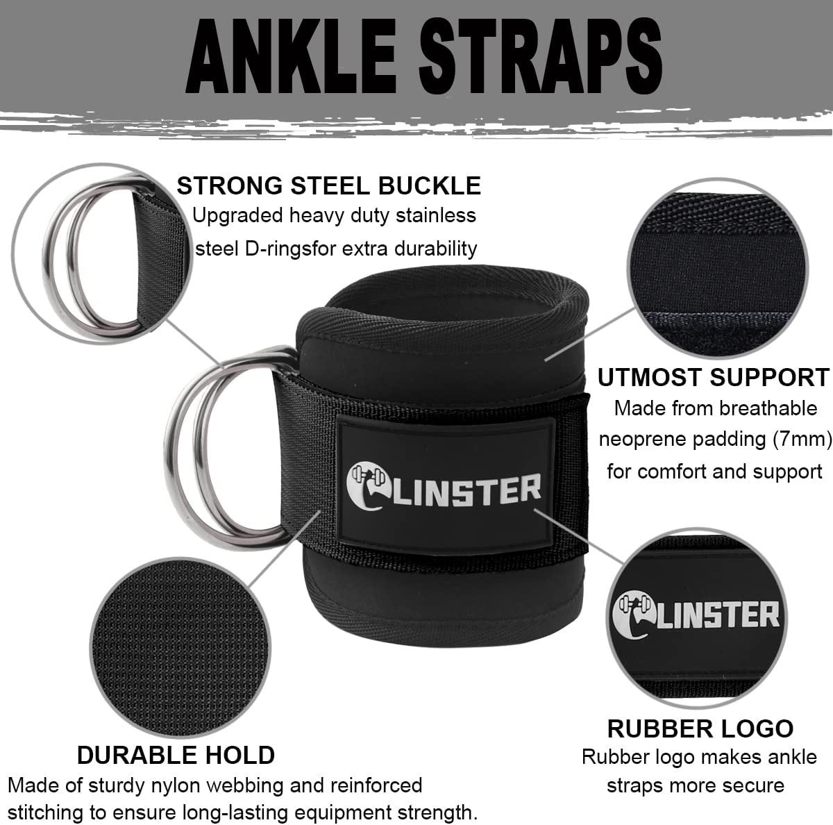LINSTER Ankle Straps for Cable Machines (Pair) Adjustable Fit Comfort Neoprene and Double D-Rings, Ankle Strap Gym Cable Attachment for Glute Workouts, Leg Extensions and Lower Body Exercises (Black) image number 6
