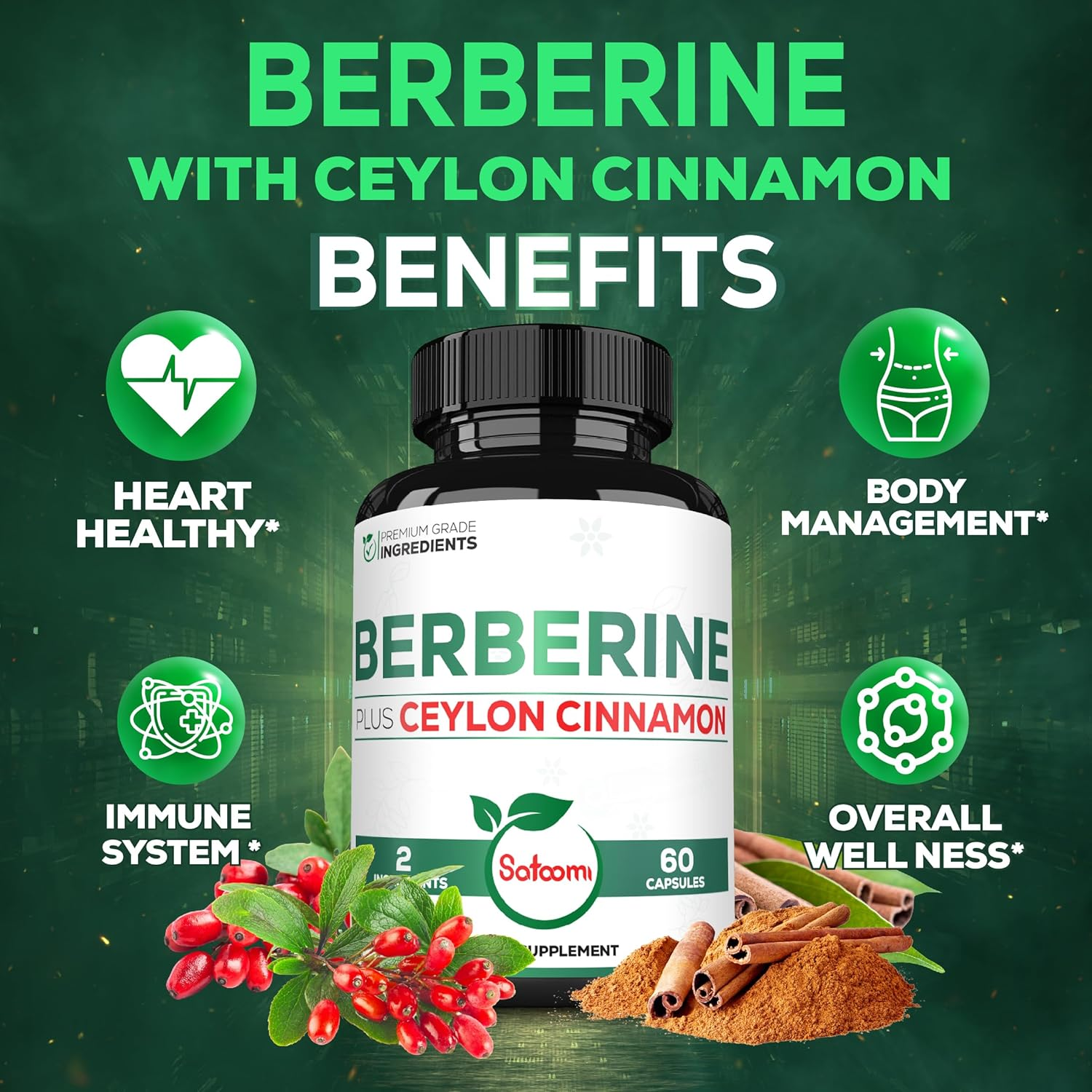 SATOOMI 1000Mg Berberine with 500Mg Ceylon Cinnamon Supplement - Extra Strength - 60 Capsules - Gluten-Free, Non-Gmo image number 6