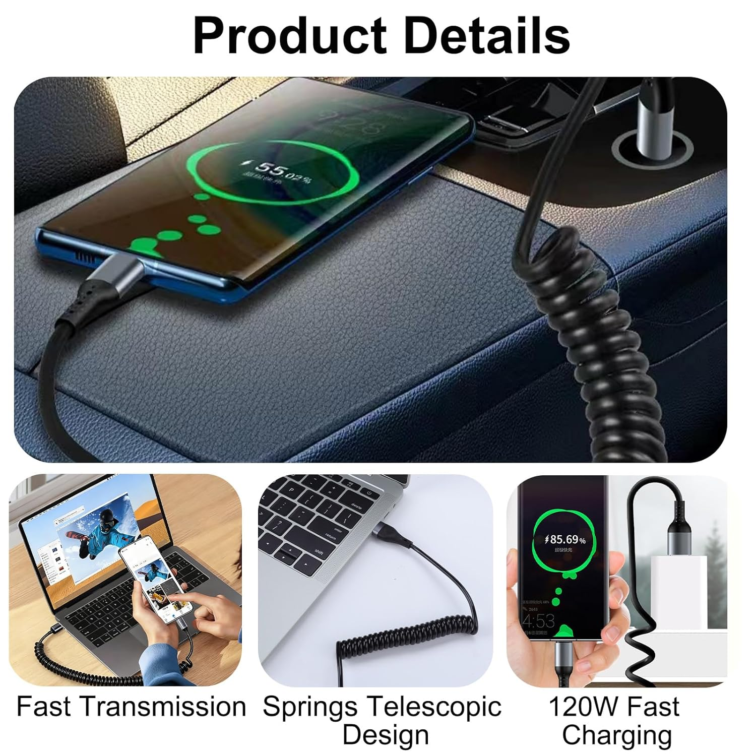 Coiled USB C Cable 120W 2-Pack, 1M USBA to USBC Fast Charging Car Cord with Extra Durability & Data Sync for Iphone 17/16/15, Galaxy S25/S24, Ipad, Macbook, Carplay and Android Auto