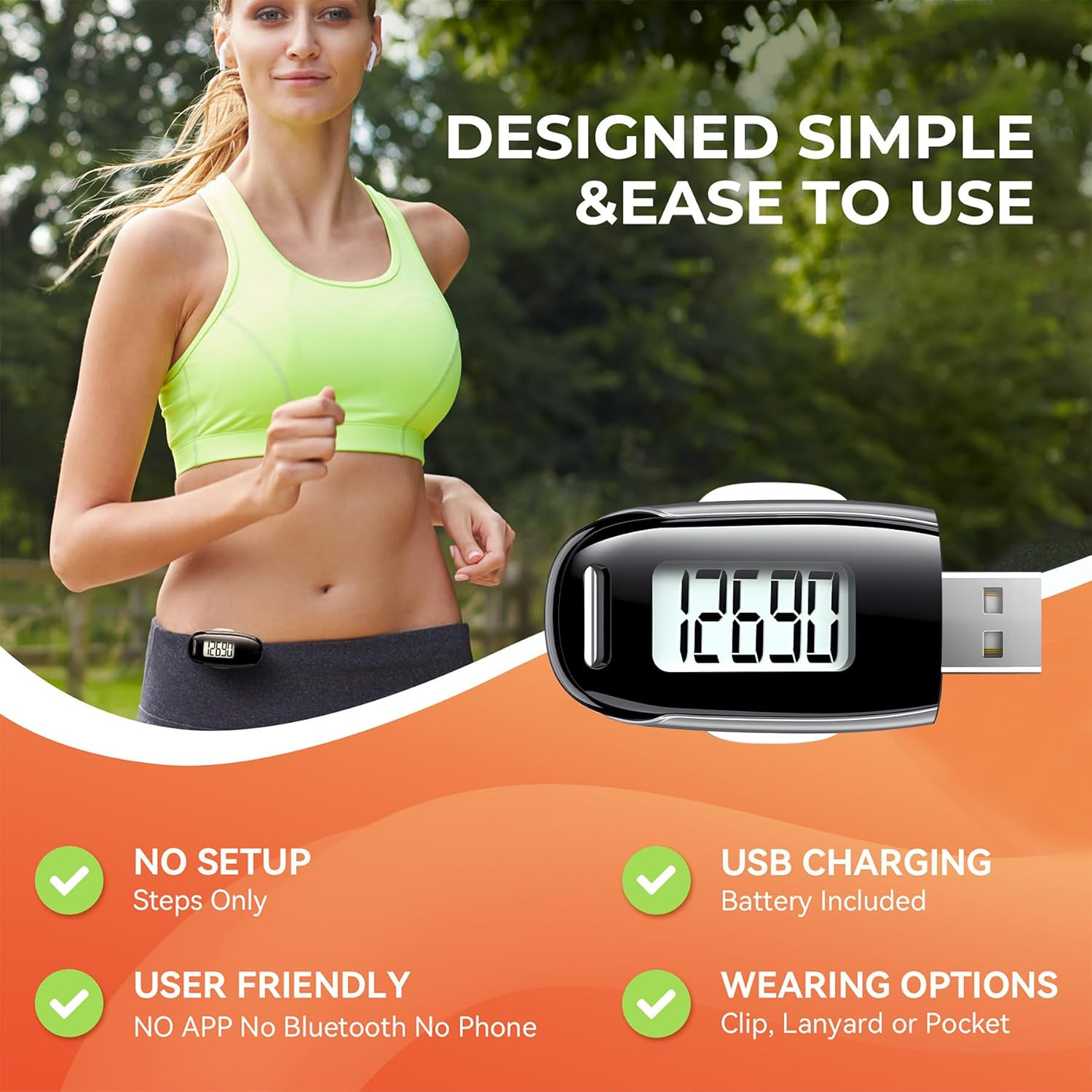 3D Pedometer for Walking, Simple Walking Step Counter with Removable Clip and Strap, USB Rechargeable Step Tracker with Backlight, Accurate Step Counter for Men Women Kids Seniors image number 4