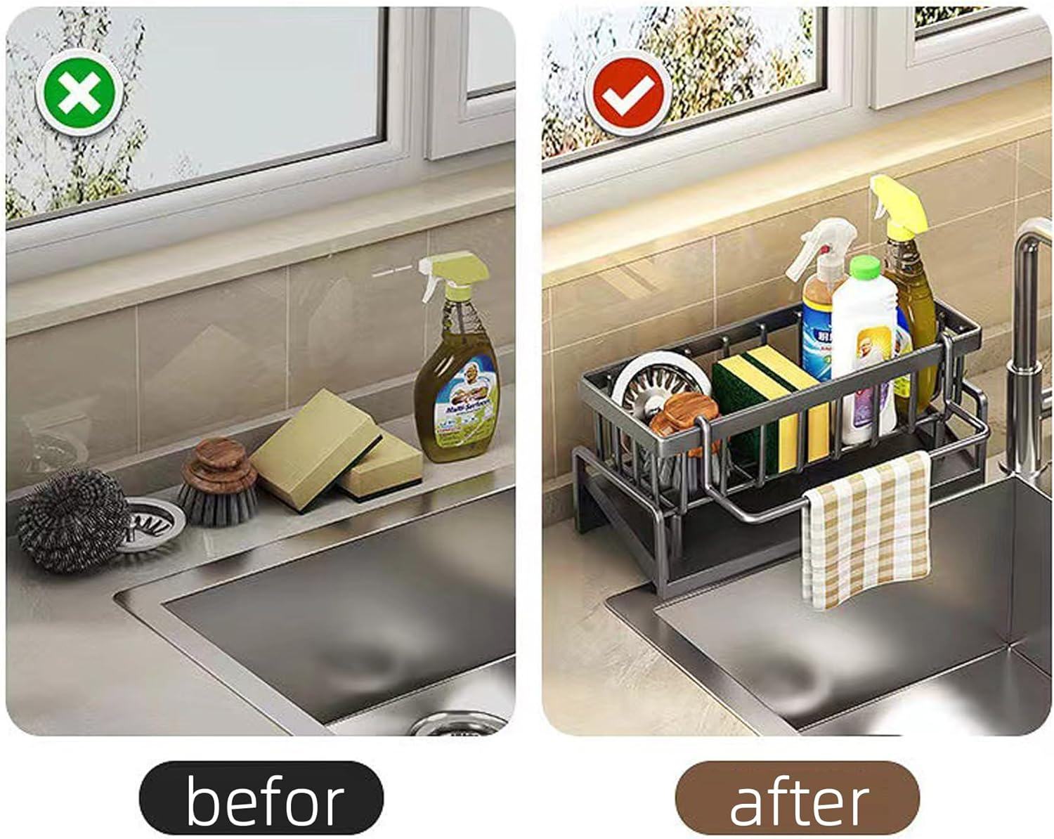 Kitchen Sink Caddy Organiser, Food Grade Stainless Steel. Sponge Holder, Automatic Drainage, Dish Soap Scrubber Brush Dishcloth Holder Rack, Kitchen and Bathroom image number 4