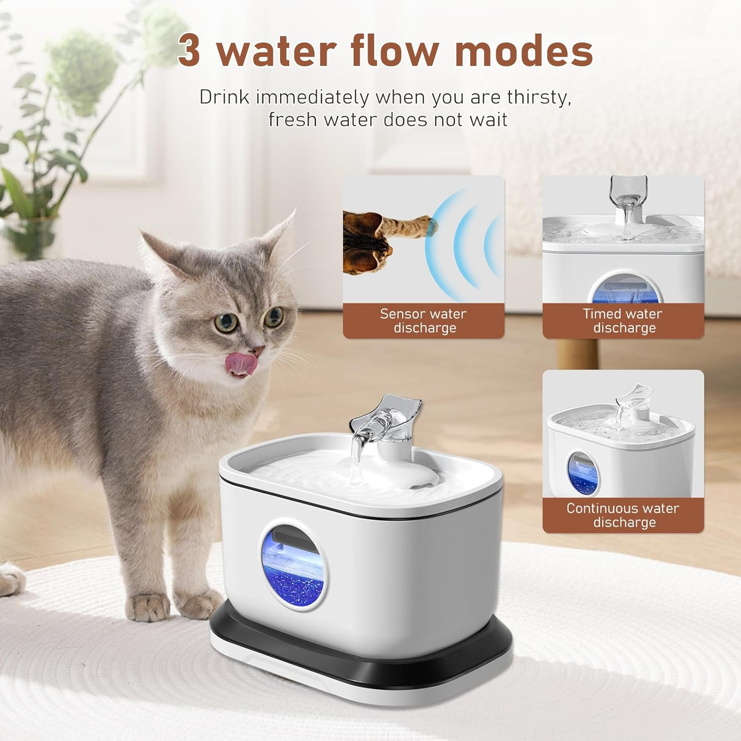 Cat Water Fountain, Radar Sensing Cordless Water Fountains for Cats Indoor, Battery Operated Wireless Pump, Premium Multi-Layer Filter 2.5L/84Oz Quiet Automatic Pet Dispenser - White image number 2