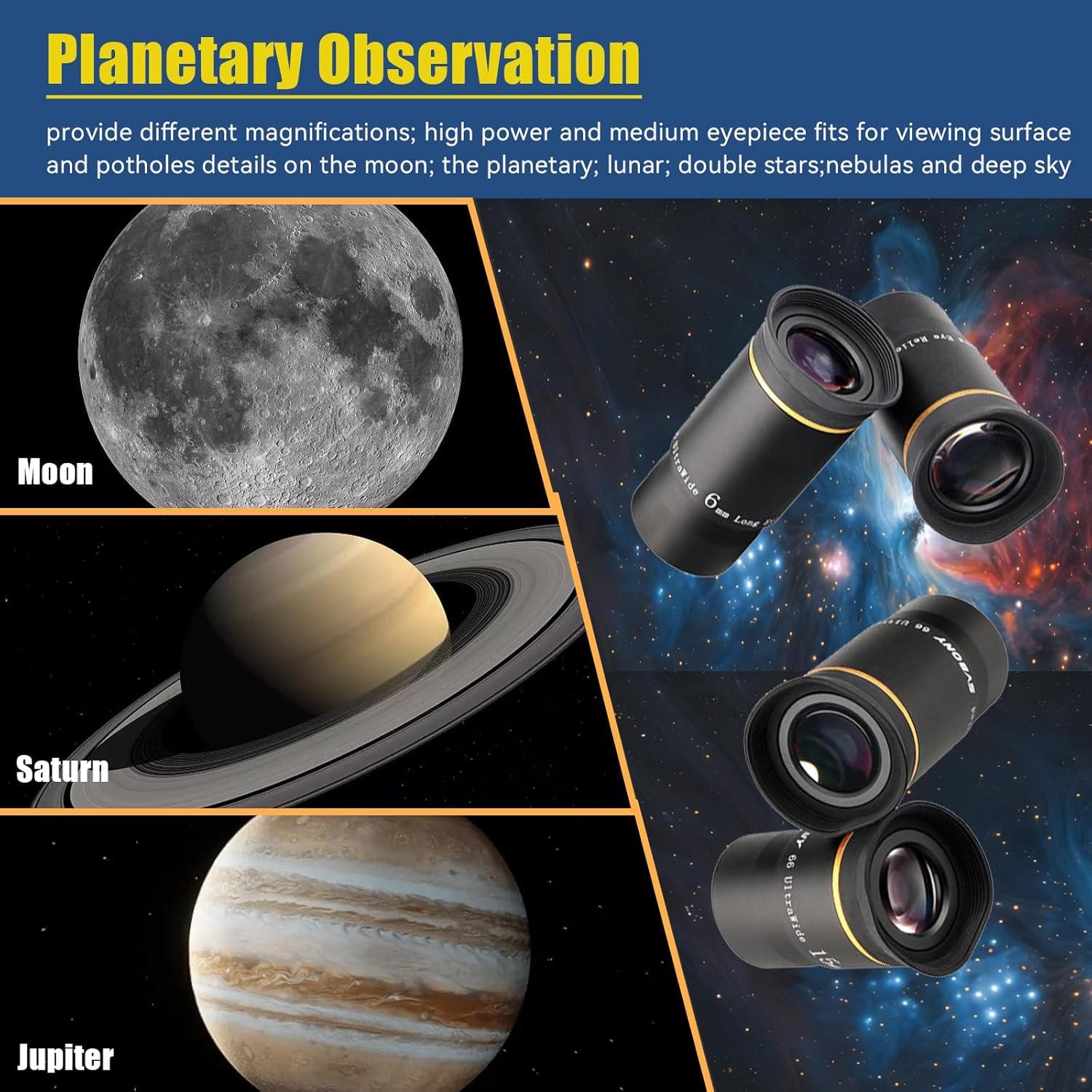 SVBONY Telescope Eyepiece Fully Mutil Coated 1.25 Inches Telescope Accessories Set 66 Degree Ultra Wide Angle HD for Astronomy Telescope (6Mm 9Mm 15Mm 20Mm) image number 5